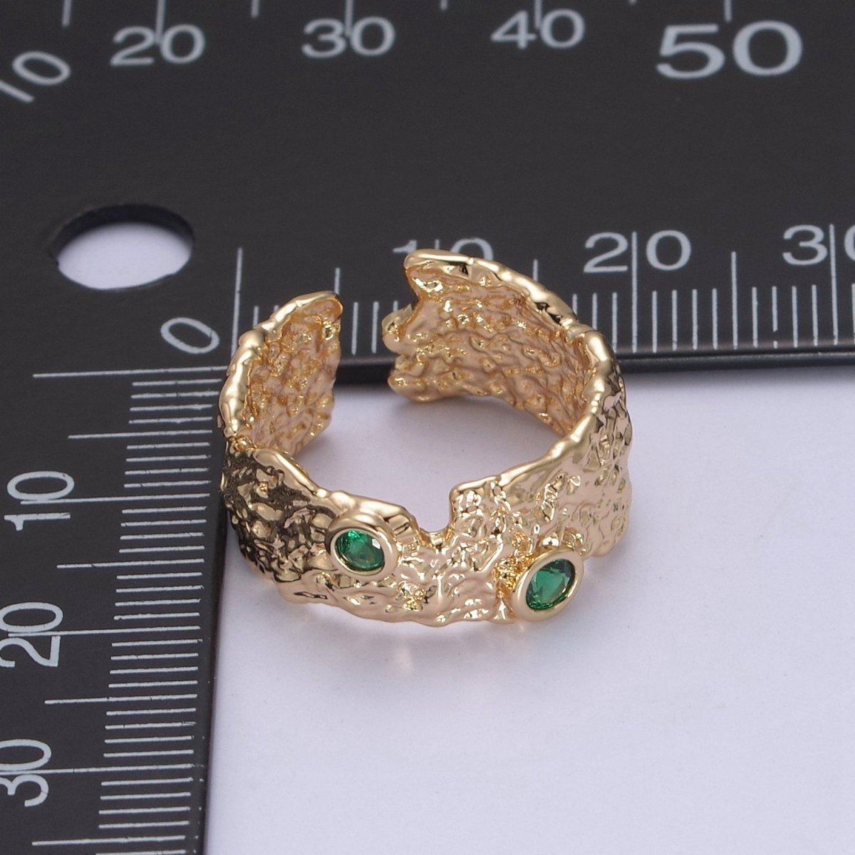 16K Gold Filled Textured Abstract Emerald Green Crystal Zirconia CZ Adjustable Open, Statement Ring U-238 - DLUXCA