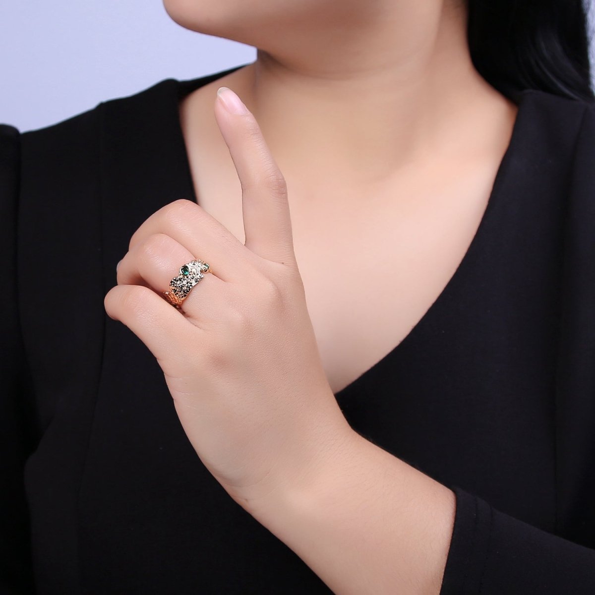 16K Gold Filled Textured Abstract Emerald Green Crystal Zirconia CZ Adjustable Open, Statement Ring U-238 - DLUXCA