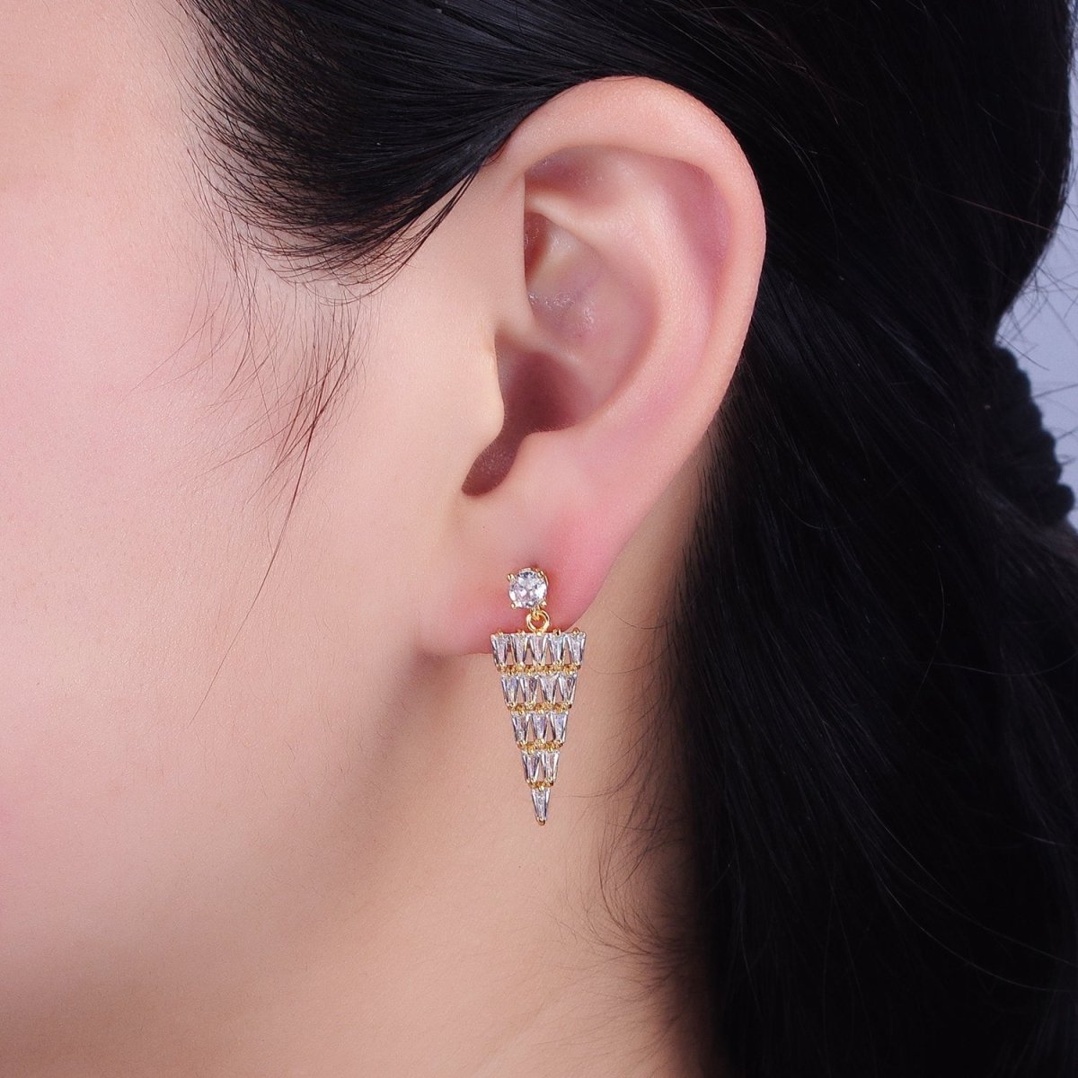 16K Gold Filled Triangle Baguette CZ Drop Stud Earrings in Gold & Silver | AB1476 AB1477
