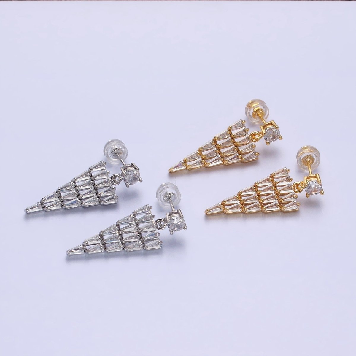 16K Gold Filled Triangle Baguette CZ Drop Stud Earrings in Gold & Silver | AB1476 AB1477