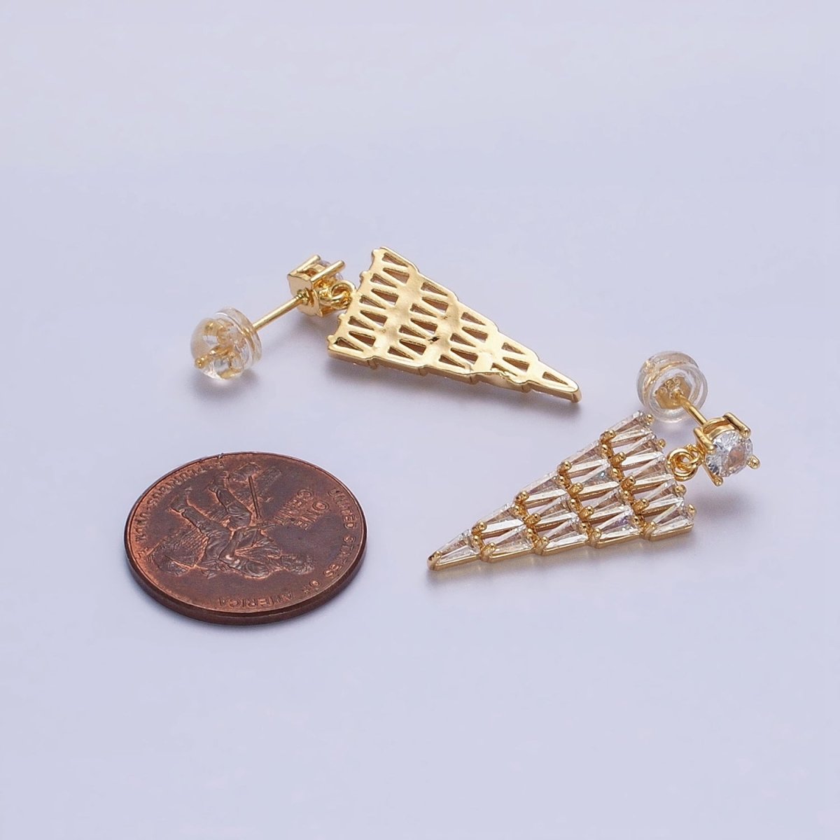 16K Gold Filled Triangle Baguette CZ Drop Stud Earrings in Gold & Silver | AB1476 AB1477