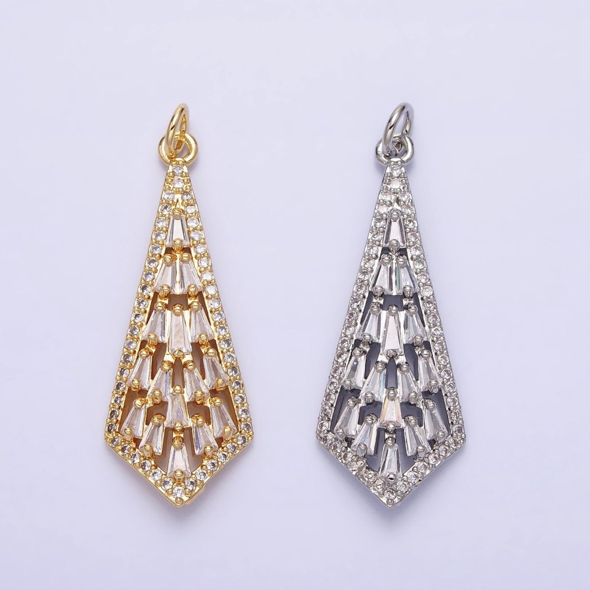 16K Gold Filled Triangle Baguette Micro Paved CZ Geometric Arrow Charm in Gold & Silver | AC1229 AC1230