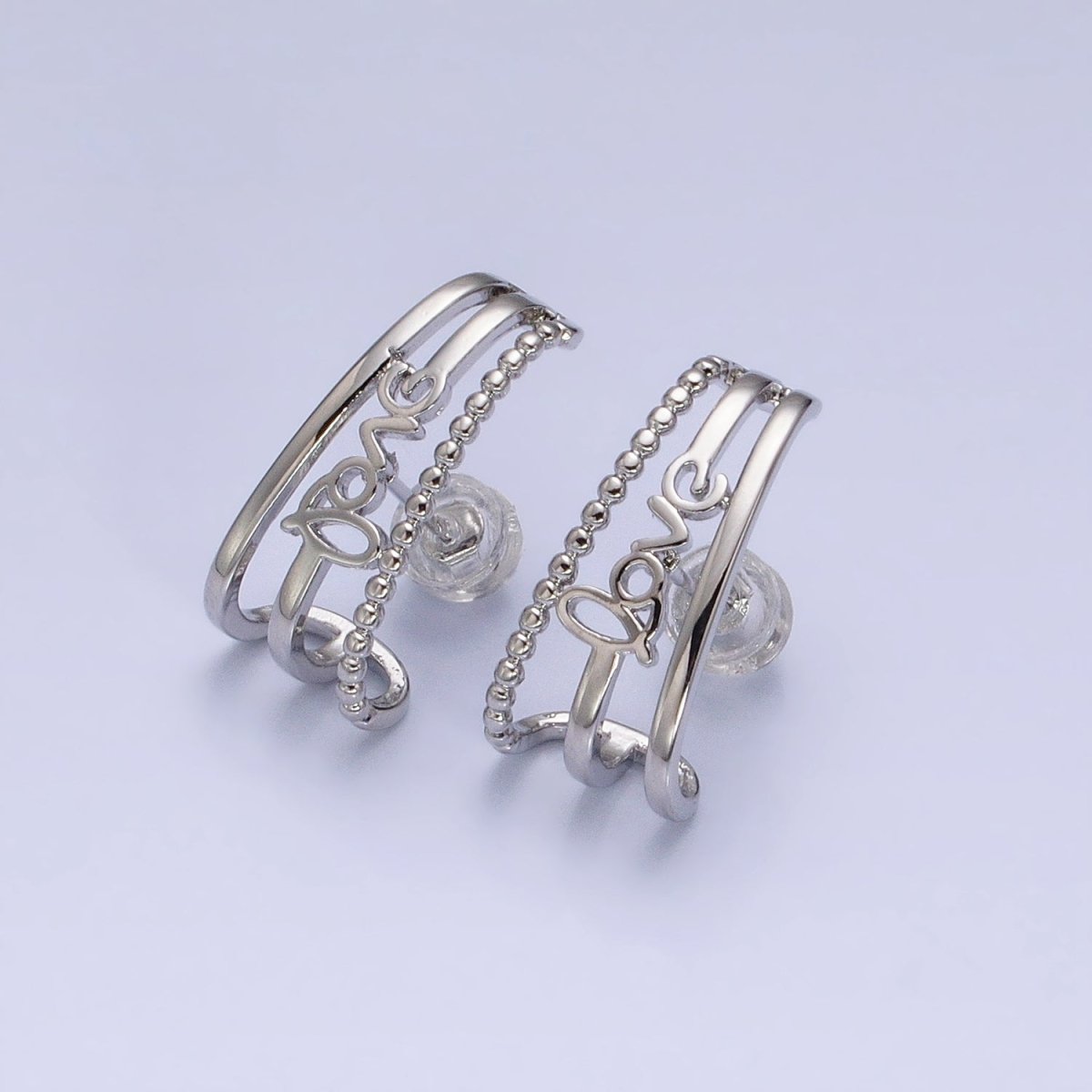 16K Gold Filled Triple Bar "love" Cursive Script Dotted 20mm Stud Earrings Set in Gold & Silver | AD1279 AD1280