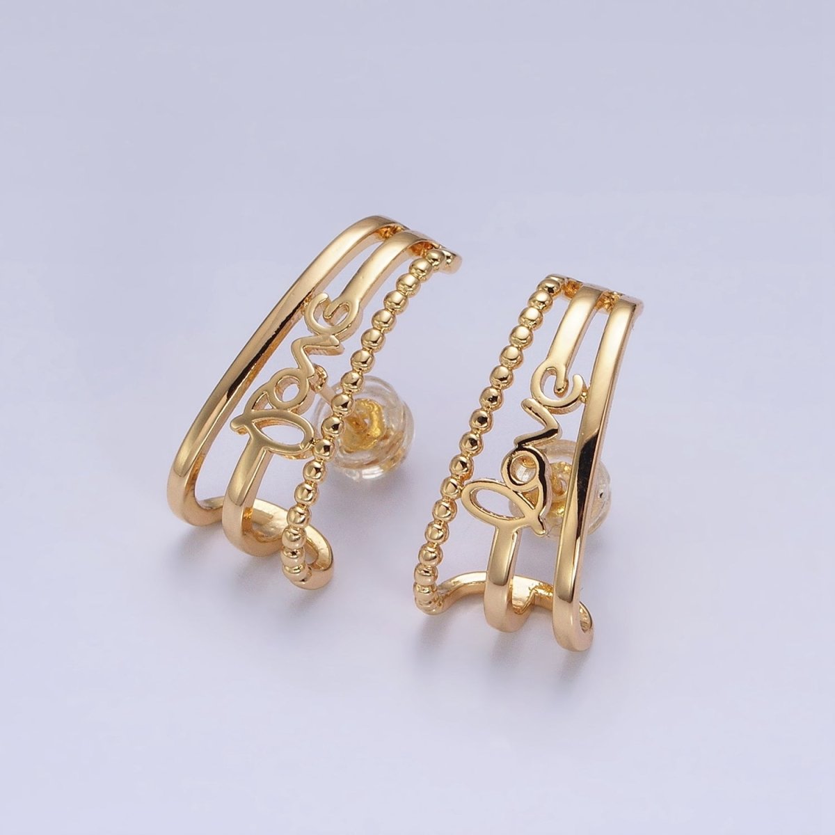 16K Gold Filled Triple Bar "love" Cursive Script Dotted 20mm Stud Earrings Set in Gold & Silver | AD1279 AD1280