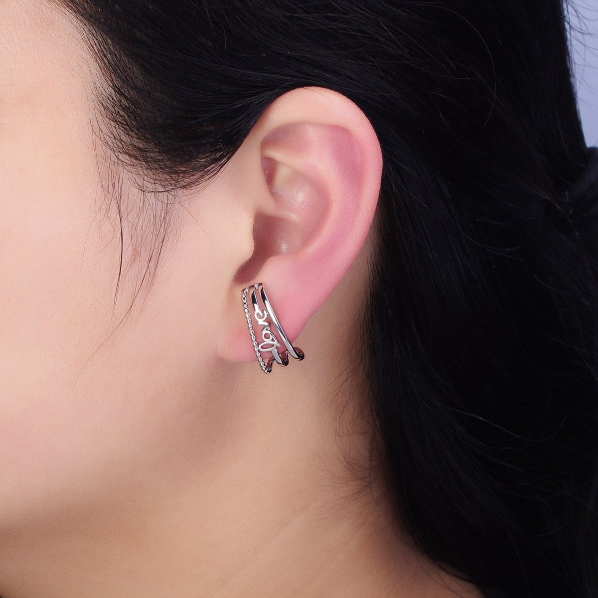 16K Gold Filled Triple Bar "love" Cursive Script Dotted 20mm Stud Earrings Set in Gold & Silver | AD1279 AD1280