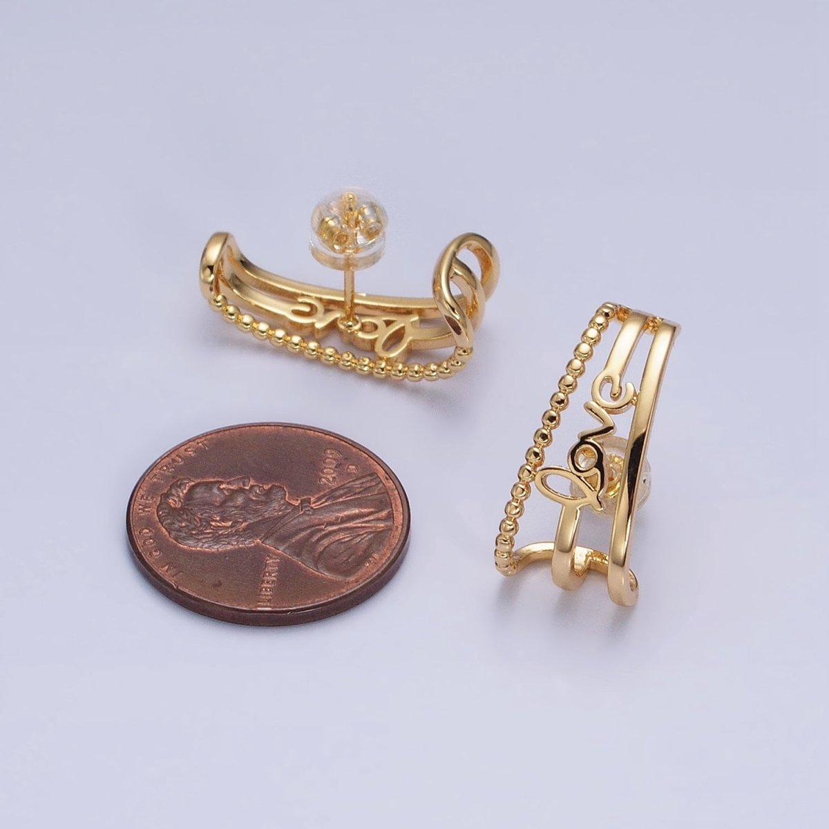 16K Gold Filled Triple Bar "love" Cursive Script Dotted 20mm Stud Earrings Set in Gold & Silver | AD1279 AD1280