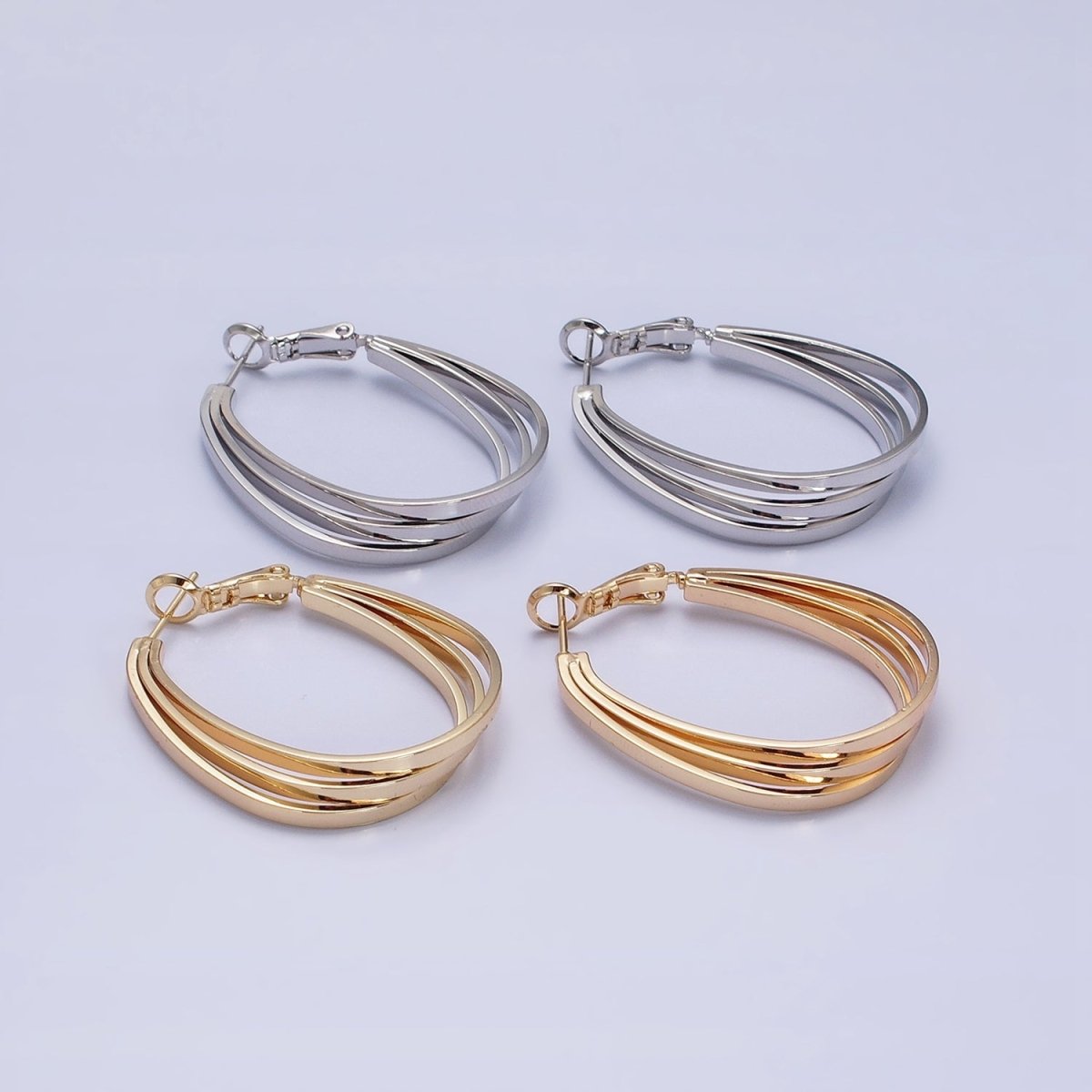 16K Gold Filled Triple Bar Oblong Geometric Hinge Hoop Earrings in Gold & Silver | AD879 AD880