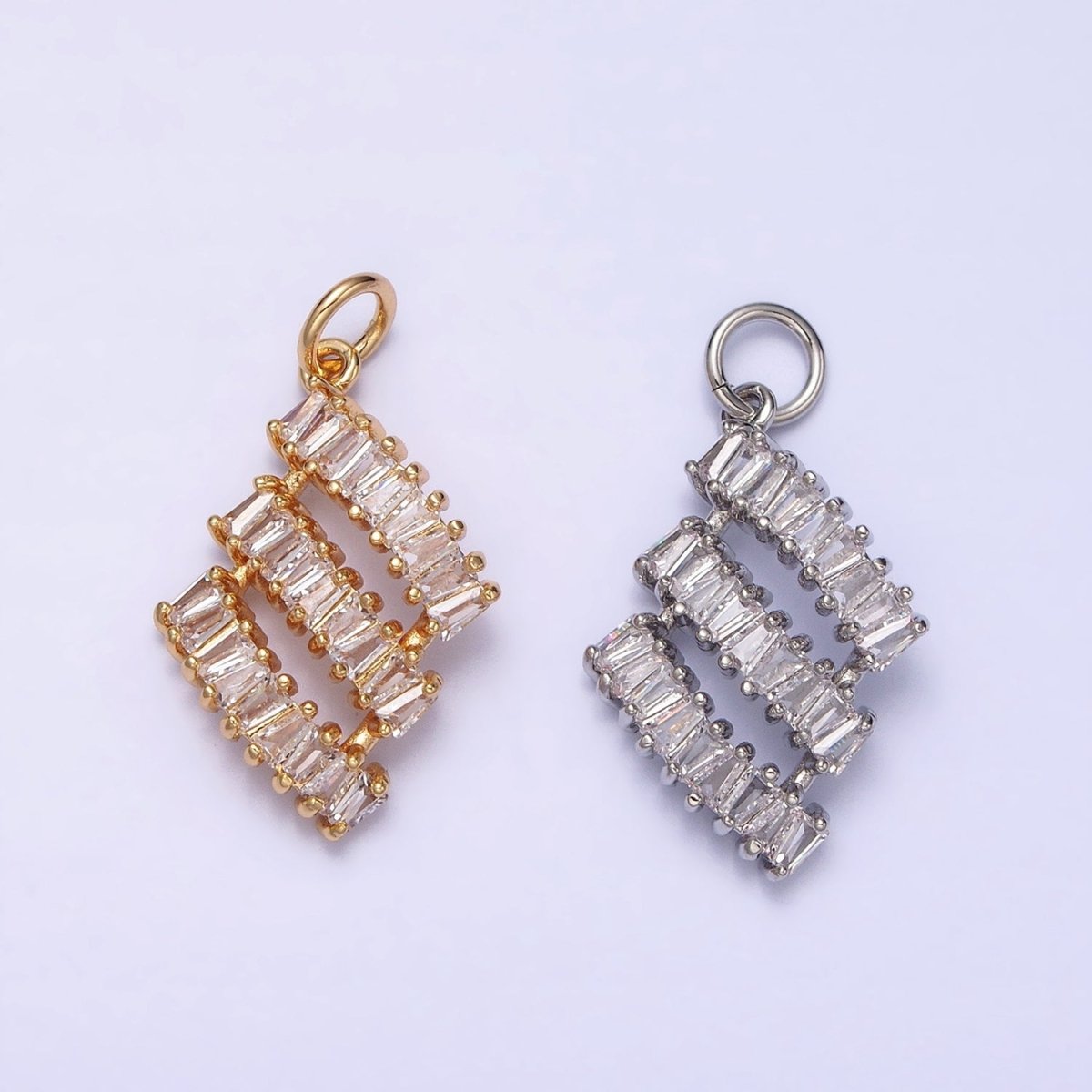 16K Gold Filled Triple Clear CZ Baguette Lined Add-On Charm in Gold & Silver | AC1197 AC1198