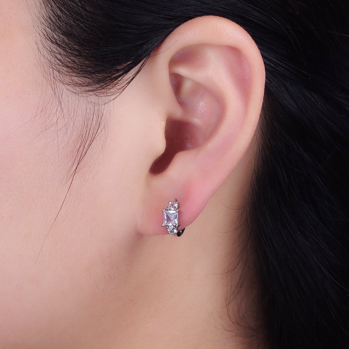 16K Gold Filled Triple CZ Square Round Clear Huggie Earrings in Gold & Silver | AB1443 AB1444