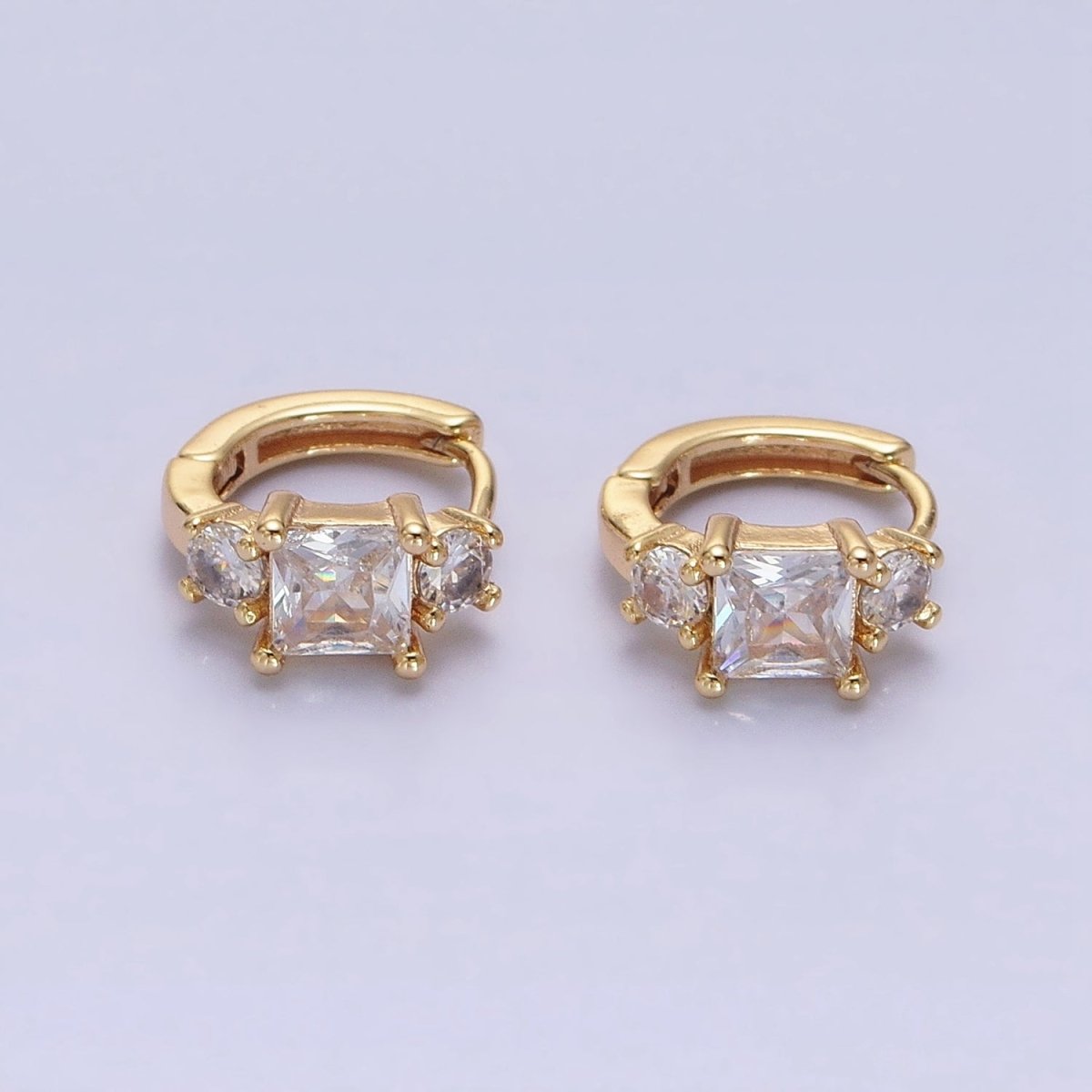16K Gold Filled Triple CZ Square Round Clear Huggie Earrings in Gold & Silver | AB1443 AB1444