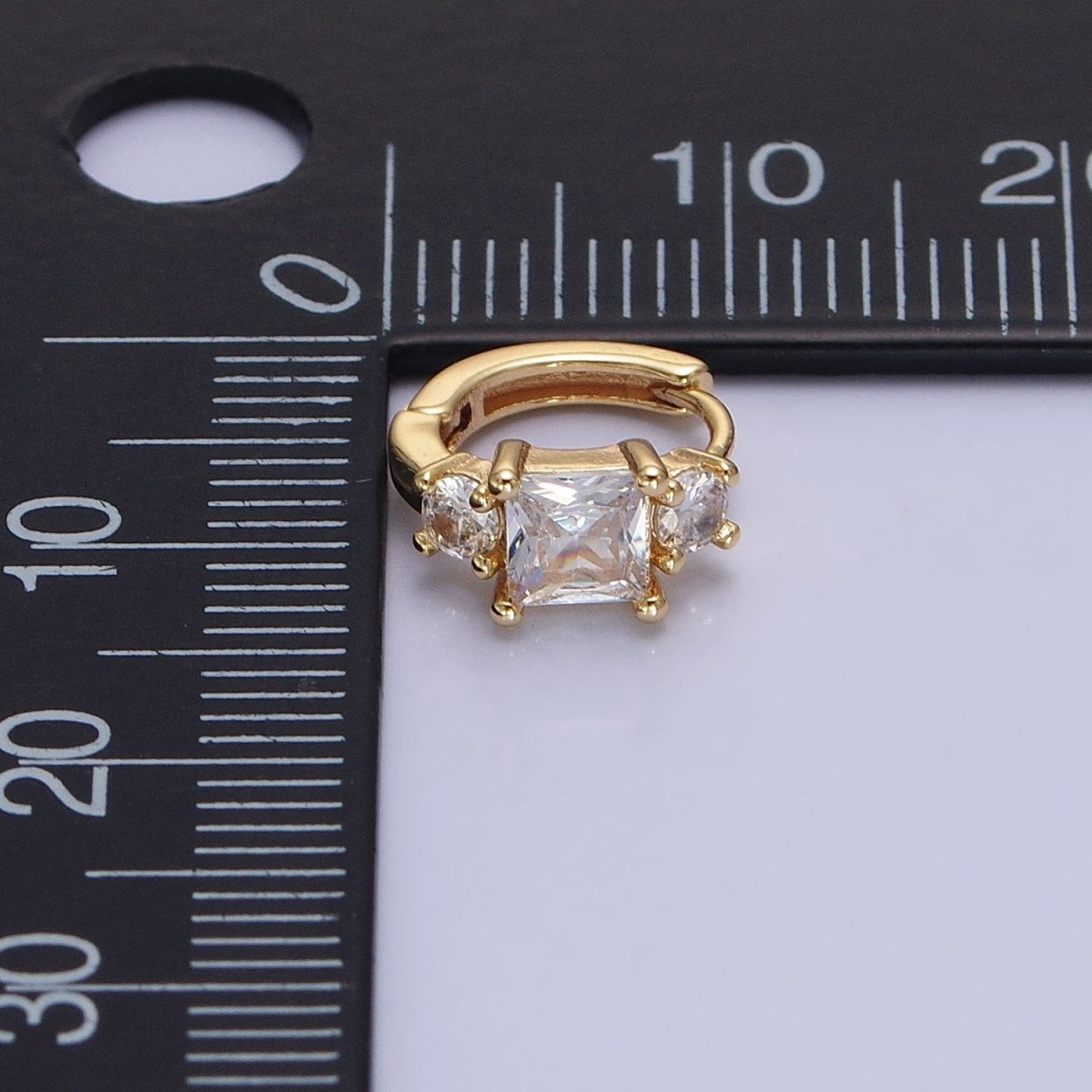 16K Gold Filled Triple CZ Square Round Clear Huggie Earrings in Gold & Silver | AB1443 AB1444