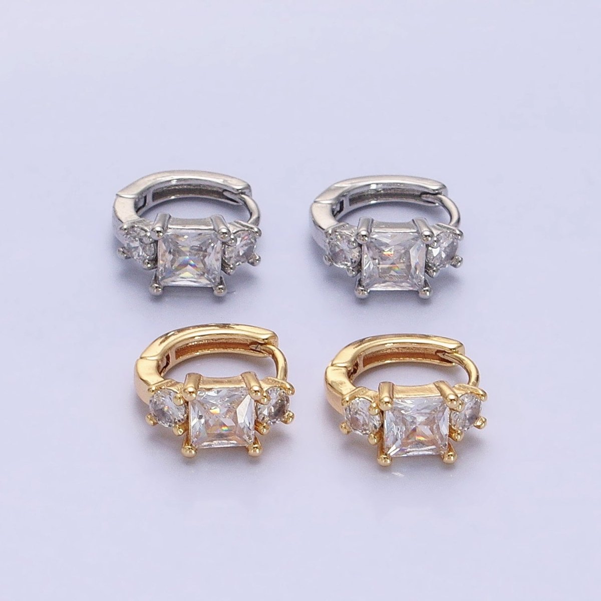 16K Gold Filled Triple CZ Square Round Clear Huggie Earrings in Gold & Silver | AB1443 AB1444