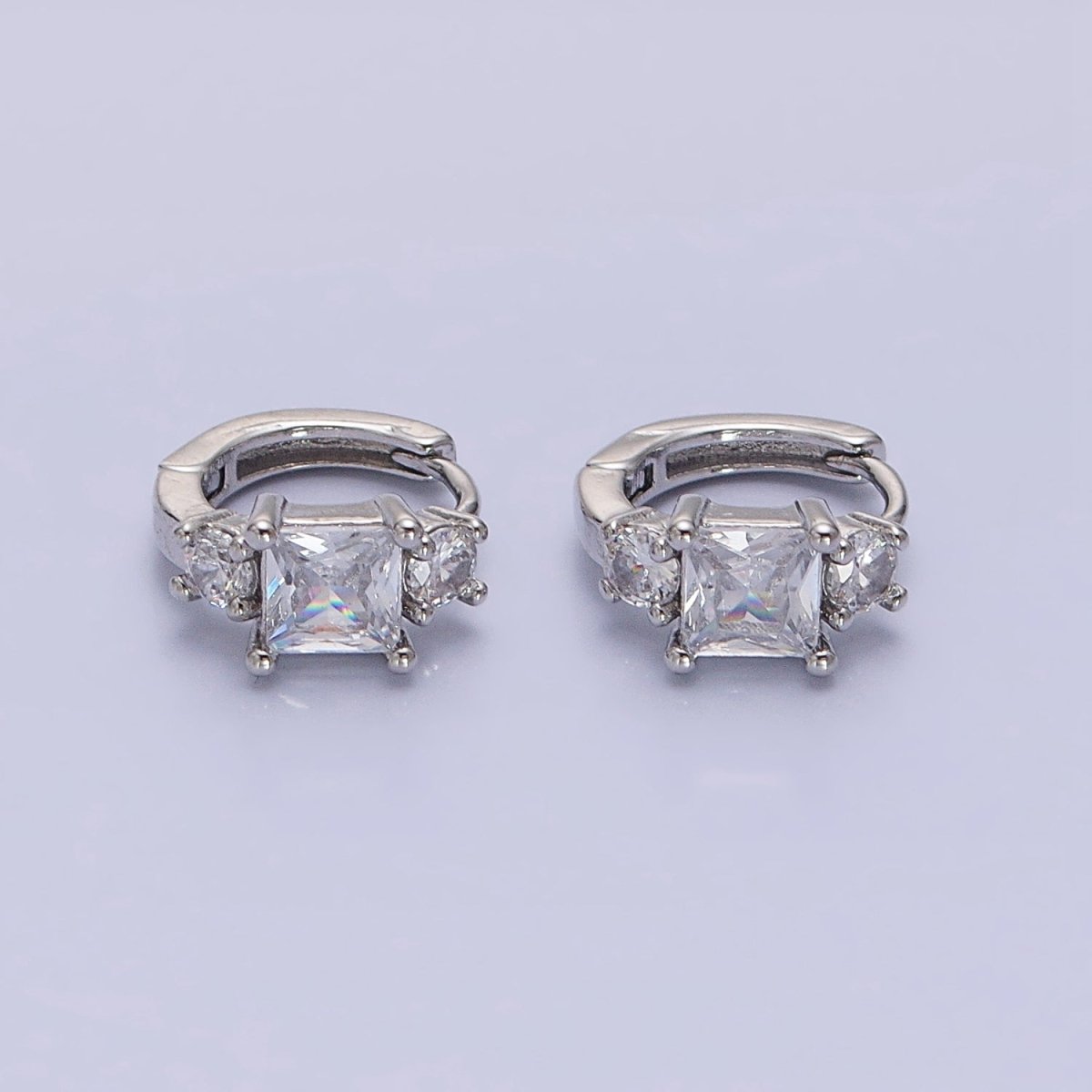 16K Gold Filled Triple CZ Square Round Clear Huggie Earrings in Gold & Silver | AB1443 AB1444