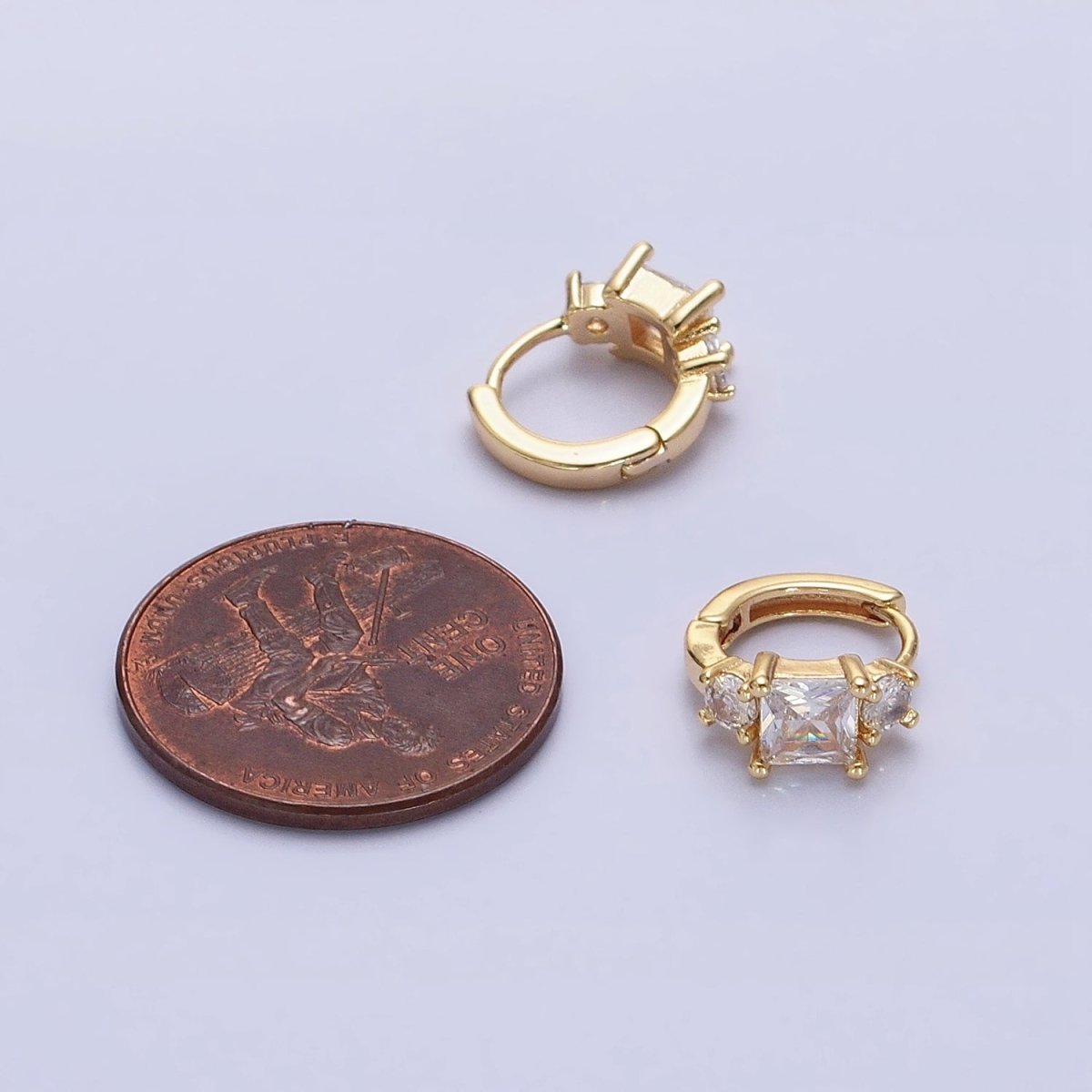 16K Gold Filled Triple CZ Square Round Clear Huggie Earrings in Gold & Silver | AB1443 AB1444