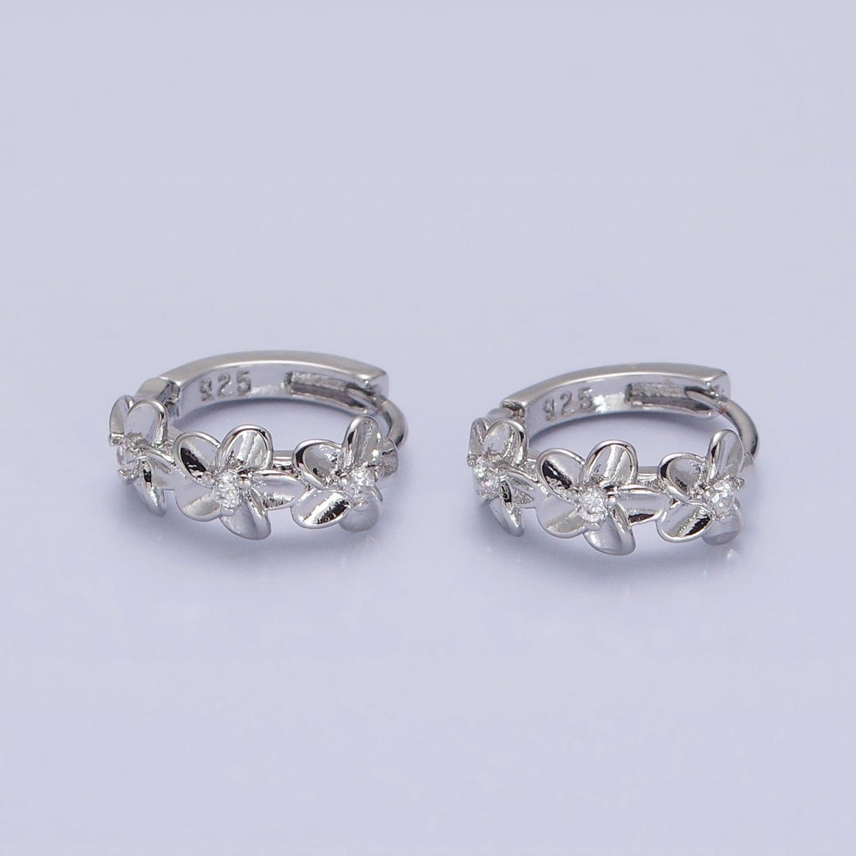 16K Gold Filled Triple Flower CZ Lined 12mm Huggie Earrings in Gold & Silver | AB1463 AB1464
