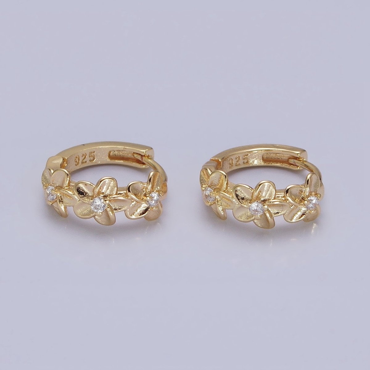 16K Gold Filled Triple Flower CZ Lined 12mm Huggie Earrings in Gold & Silver | AB1463 AB1464