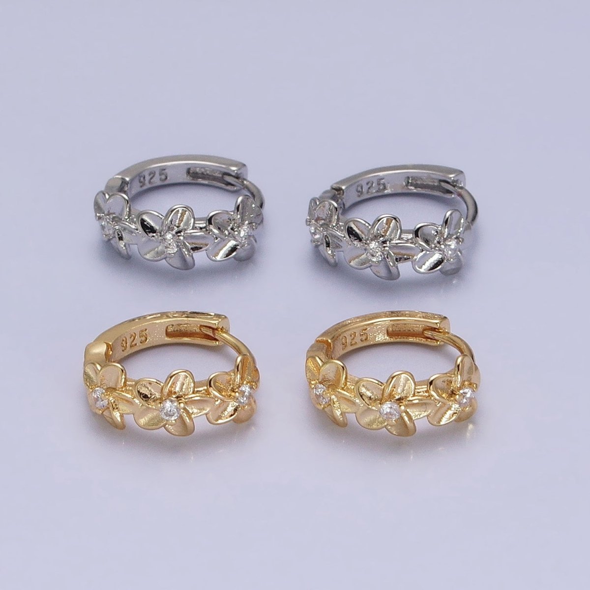 16K Gold Filled Triple Flower CZ Lined 12mm Huggie Earrings in Gold & Silver | AB1463 AB1464