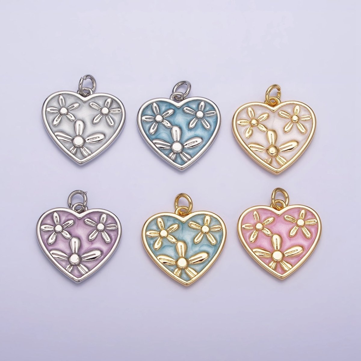 16K Gold Filled Triple Flower White, Pink, Blue Sparkly Enamel Heart Charm | AC1105 - AC1110