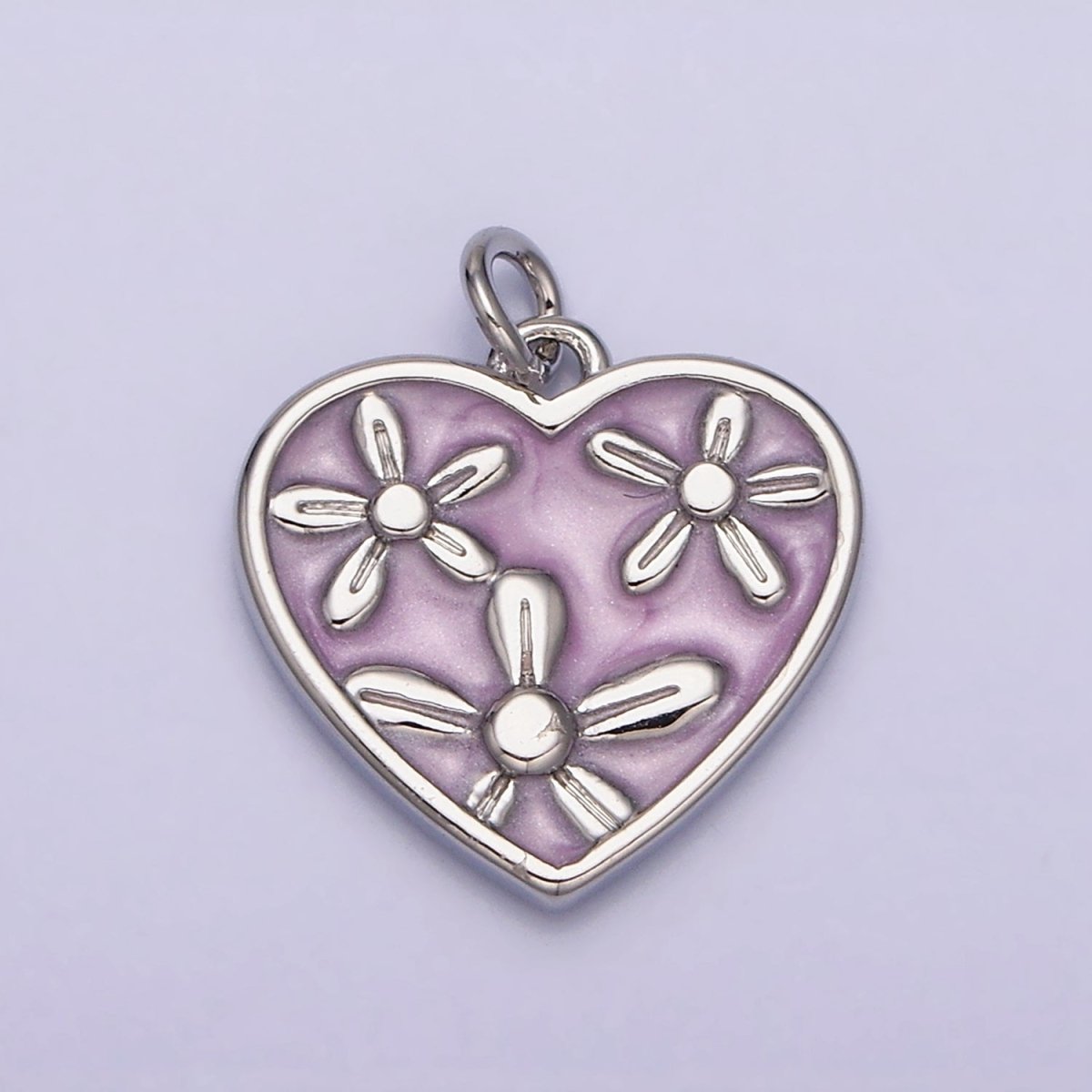 16K Gold Filled Triple Flower White, Pink, Blue Sparkly Enamel Heart Charm | AC1105 - AC1110