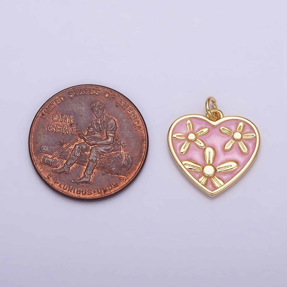 16K Gold Filled Triple Flower White, Pink, Blue Sparkly Enamel Heart Charm | AC1105 - AC1110