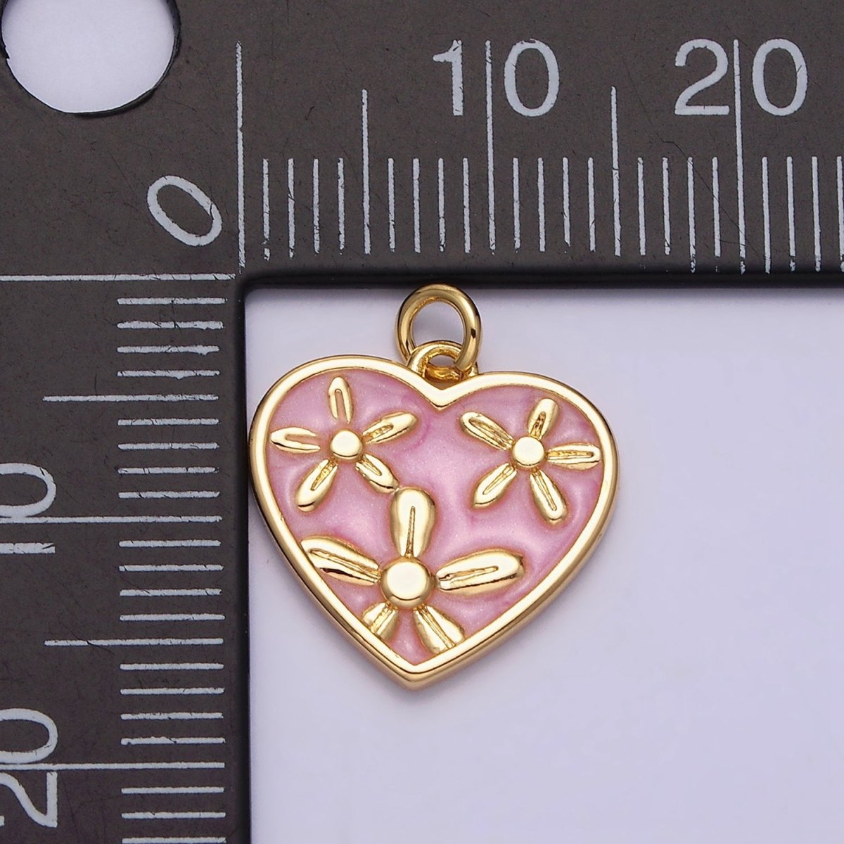 16K Gold Filled Triple Flower White, Pink, Blue Sparkly Enamel Heart Charm | AC1105 - AC1110