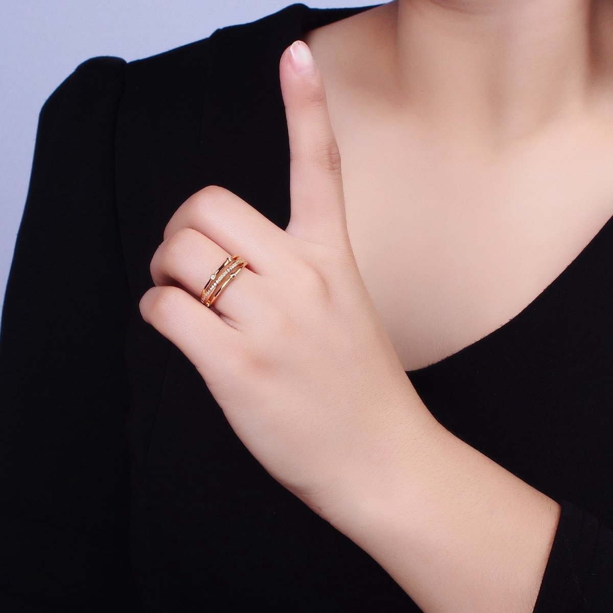 16K Gold Filled Triple Micro Paved CZ Clear Dotted Dainty Ring in Gold & Silver | O-1896 O-1897