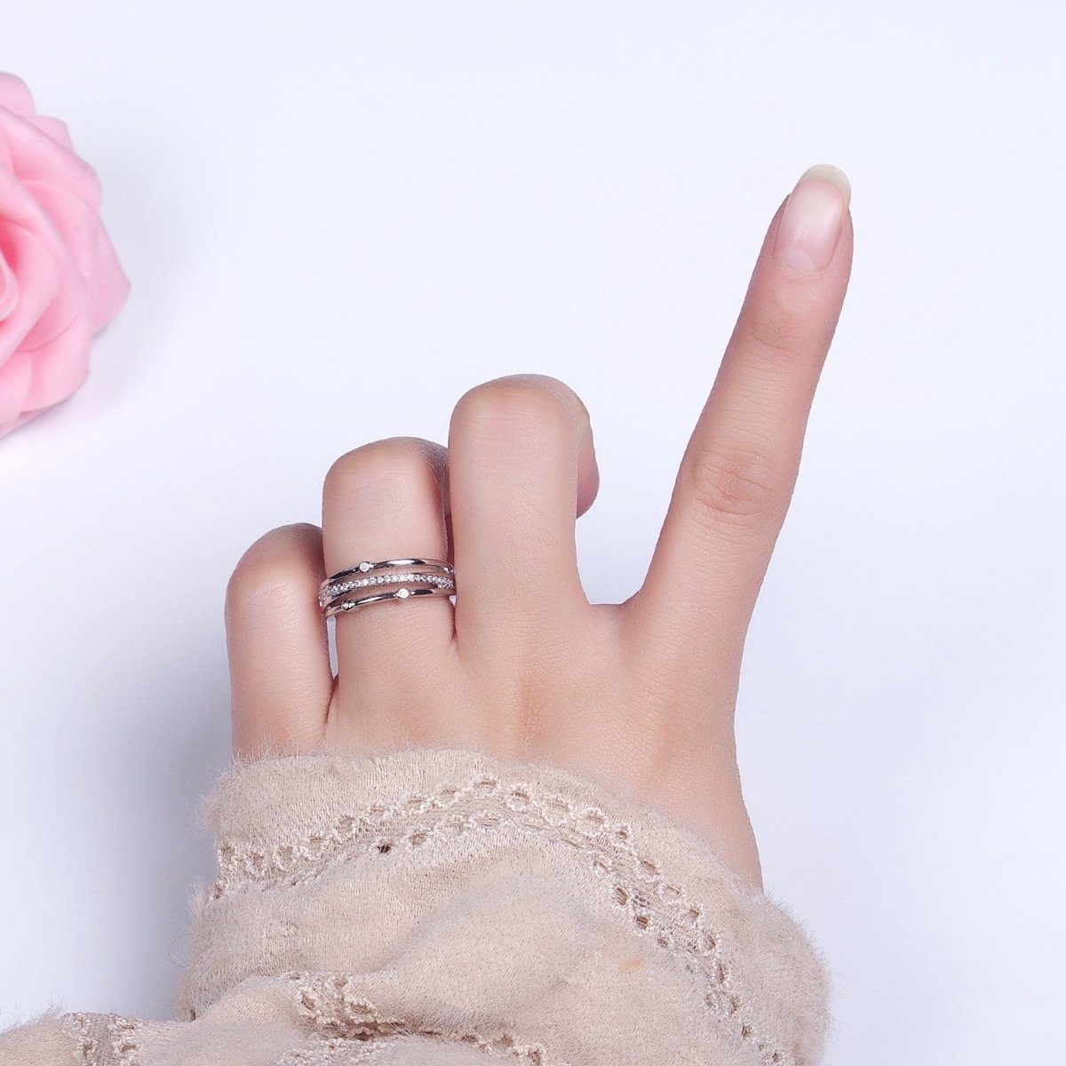 16K Gold Filled Triple Micro Paved CZ Clear Dotted Dainty Ring in Gold & Silver | O-1896 O-1897