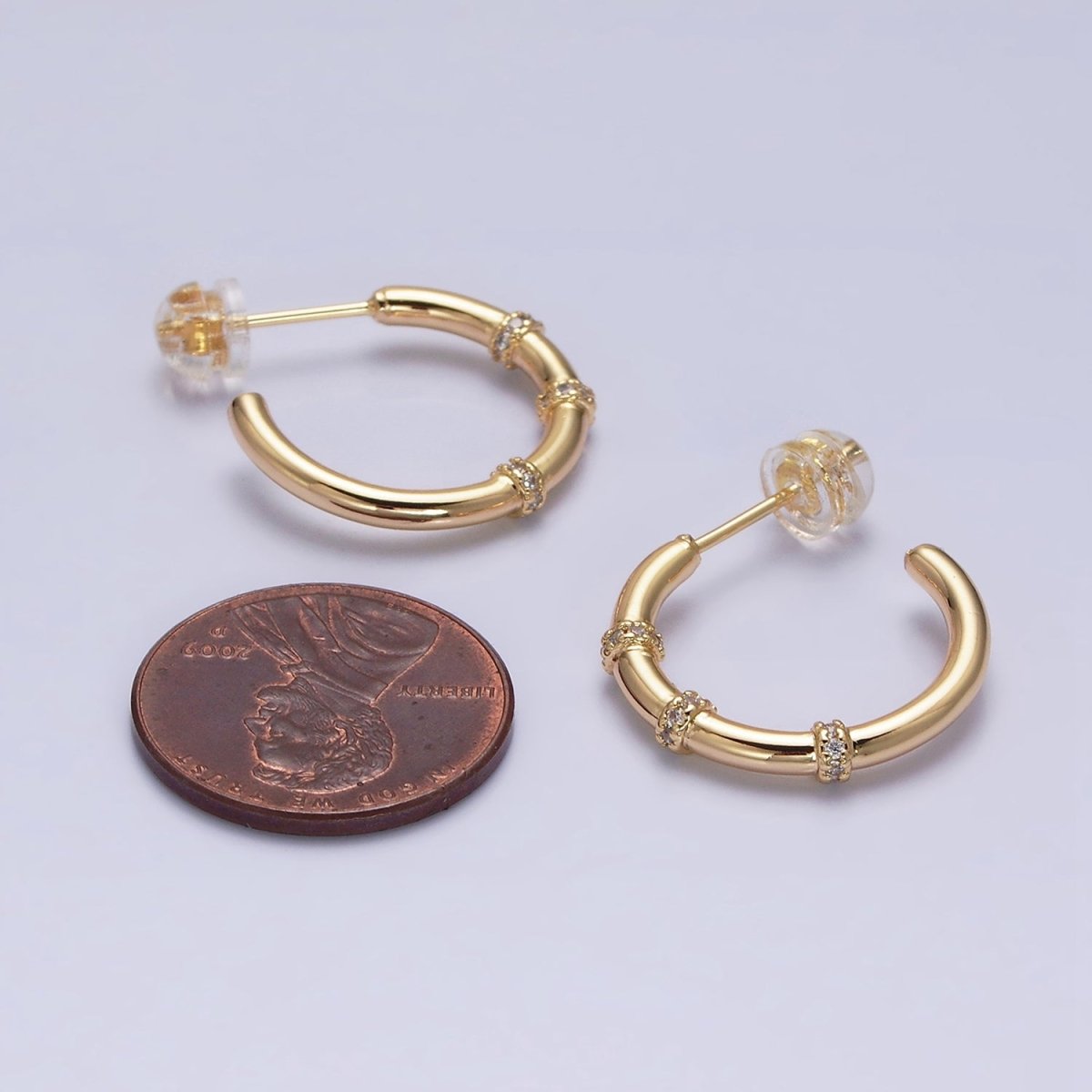 16K Gold Filled Triple Micro Paved CZ Lined C-Shaped Hoop Earrings in Gold & Silver | AD1261 AD1262