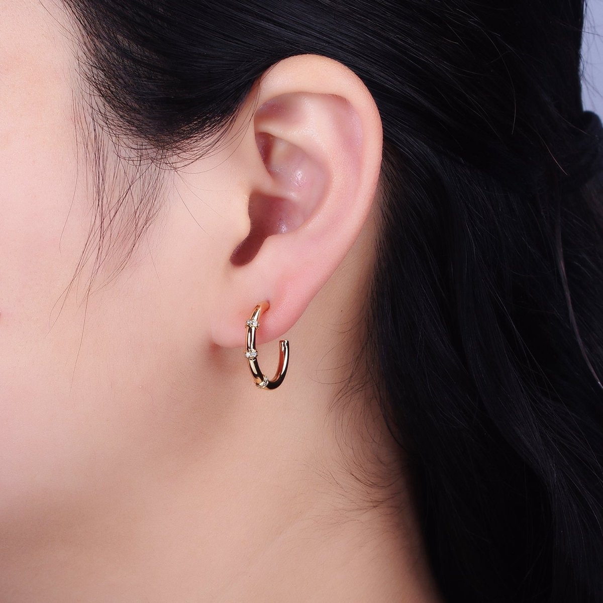 16K Gold Filled Triple Micro Paved CZ Lined C-Shaped Hoop Earrings in Gold & Silver | AD1261 AD1262