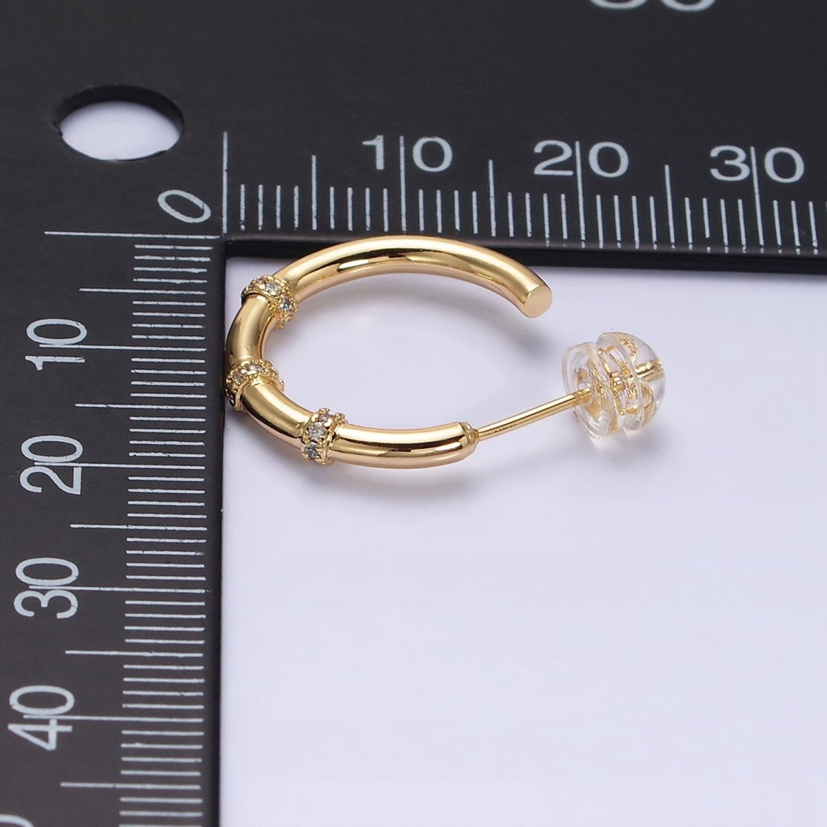 16K Gold Filled Triple Micro Paved CZ Lined C-Shaped Hoop Earrings in Gold & Silver | AD1261 AD1262