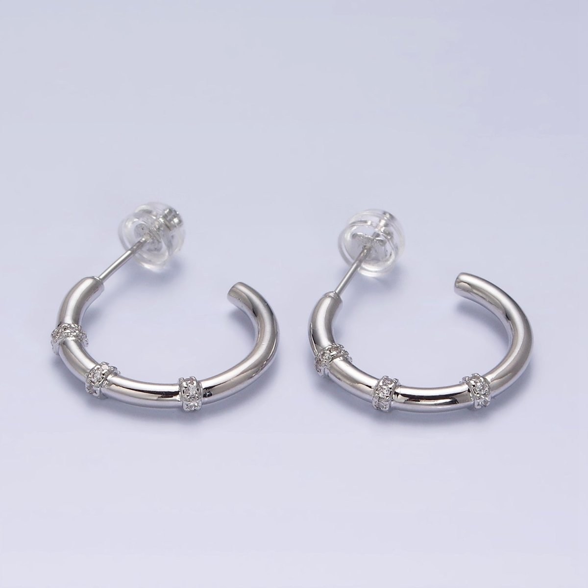 16K Gold Filled Triple Micro Paved CZ Lined C-Shaped Hoop Earrings in Gold & Silver | AD1261 AD1262