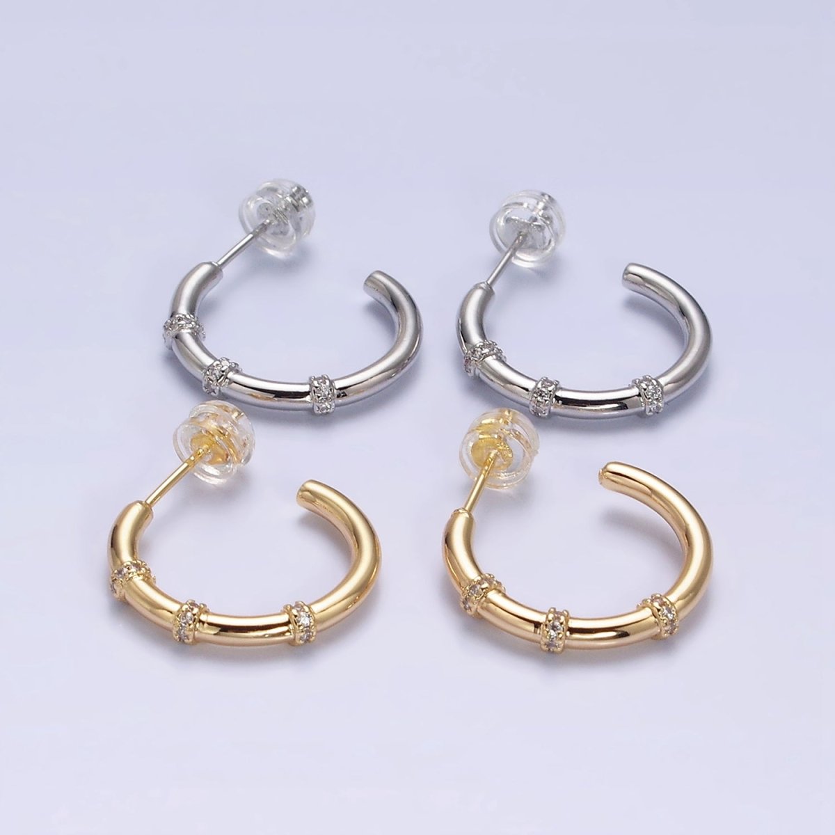 16K Gold Filled Triple Micro Paved CZ Lined C-Shaped Hoop Earrings in Gold & Silver | AD1261 AD1262