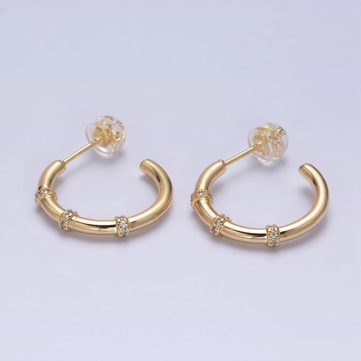 16K Gold Filled Triple Micro Paved CZ Lined C-Shaped Hoop Earrings in Gold & Silver | AD1261 AD1262
