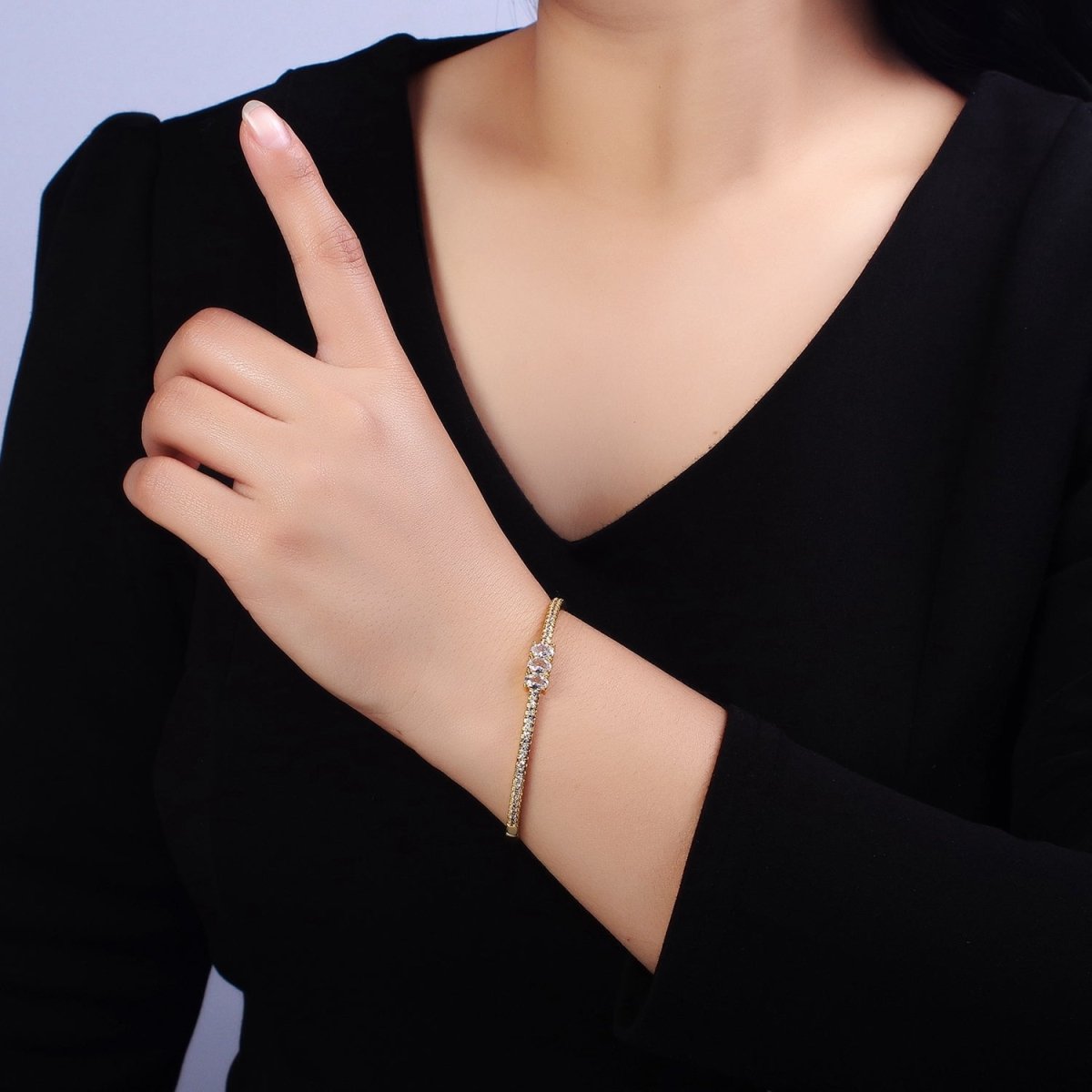 16K Gold Filled Triple Oval CZ Micro Paved CZ Stackable Hinge Bangle Bracelet | WA-1756 Clearance Pricing - DLUXCA