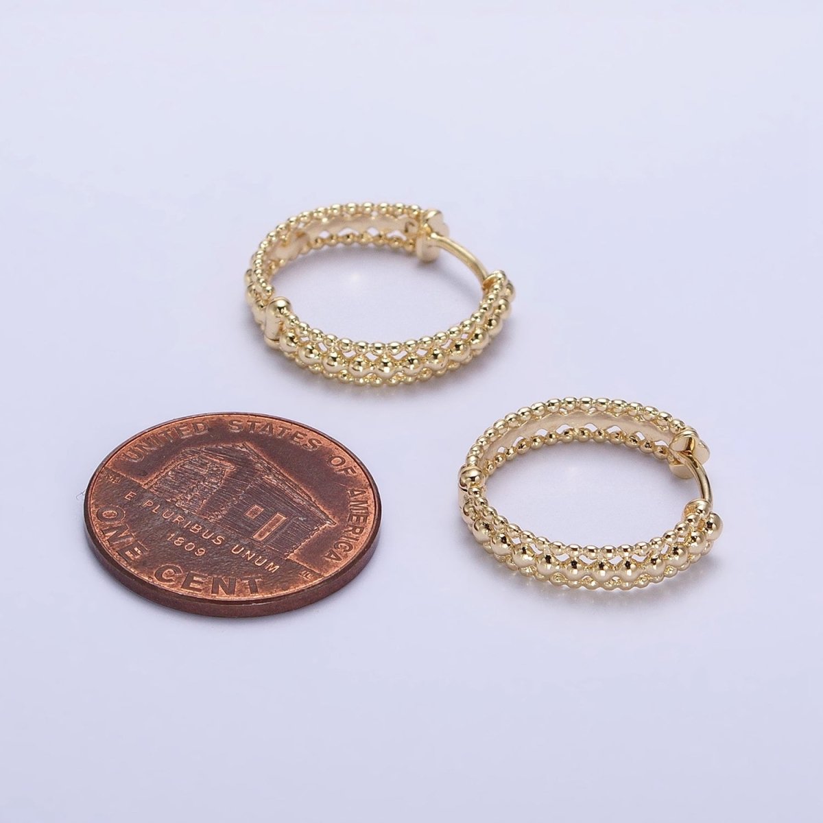 16K Gold Filled Triple Round Beaded Bubble Band 17mm Hoop Earrings | AD1355 - DLUXCA