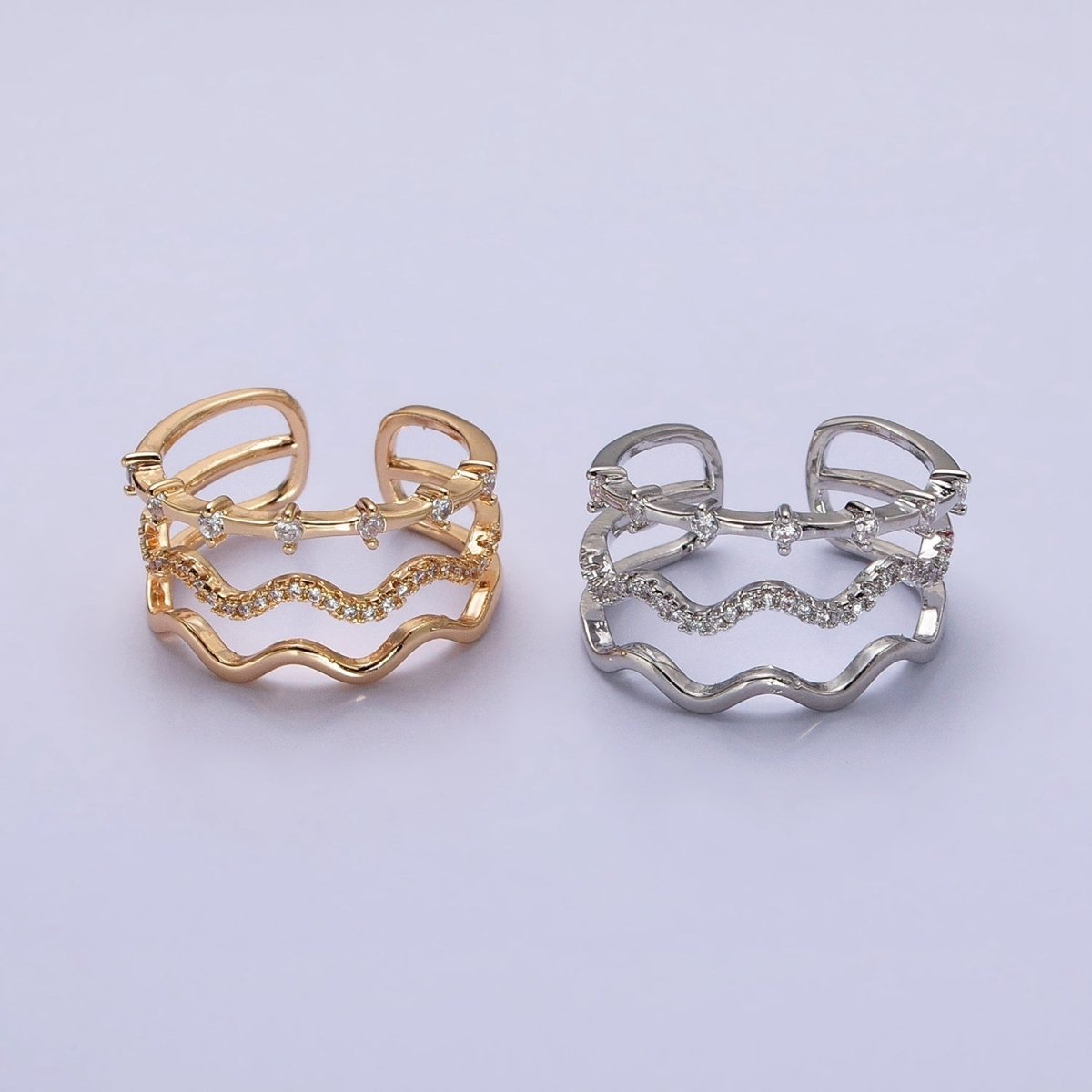 16K Gold Filled Triple Wavy Micro Paved CZ Dotted Band Ring in Gold & Silver | O1795 O1796