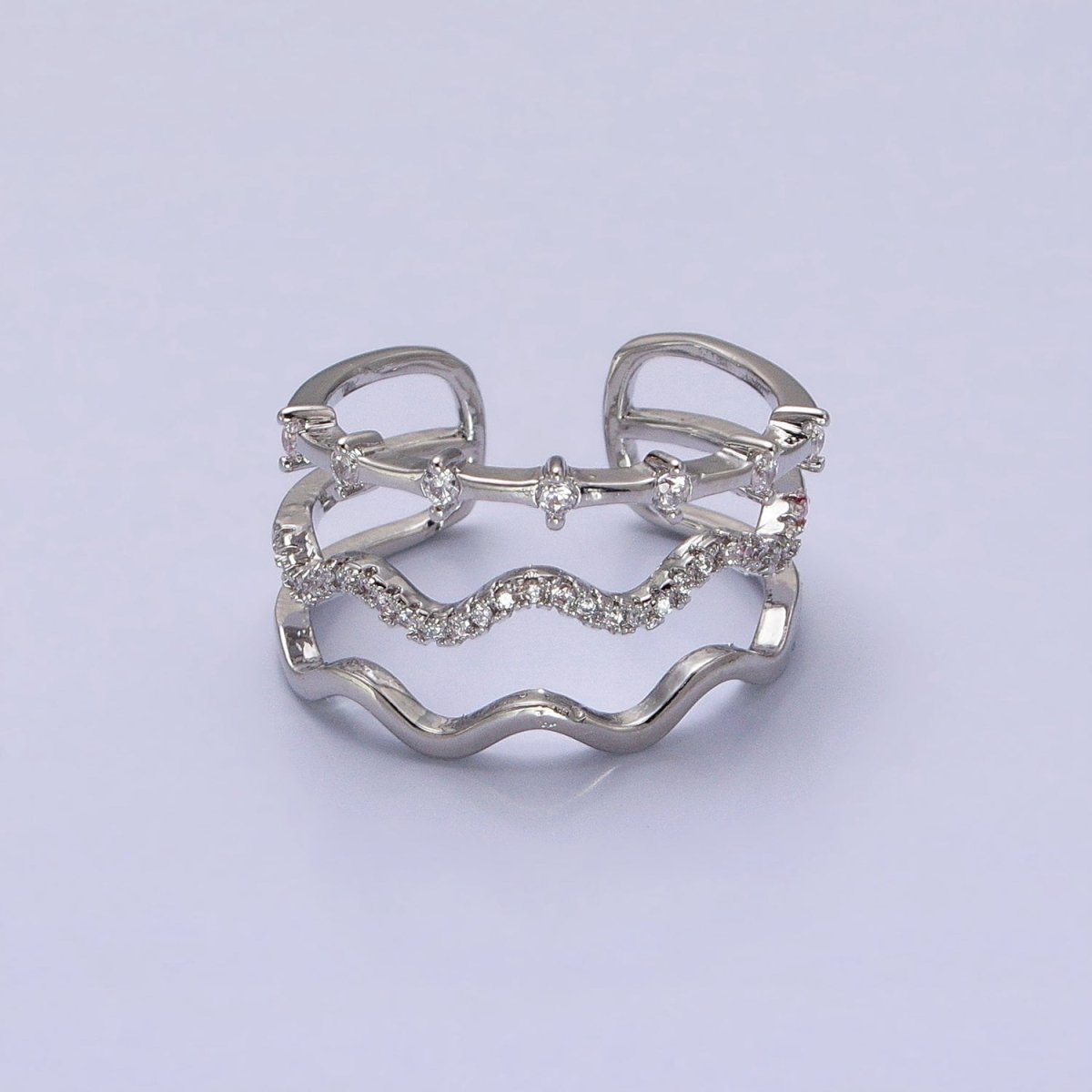 16K Gold Filled Triple Wavy Micro Paved CZ Dotted Band Ring in Gold & Silver | O1795 O1796