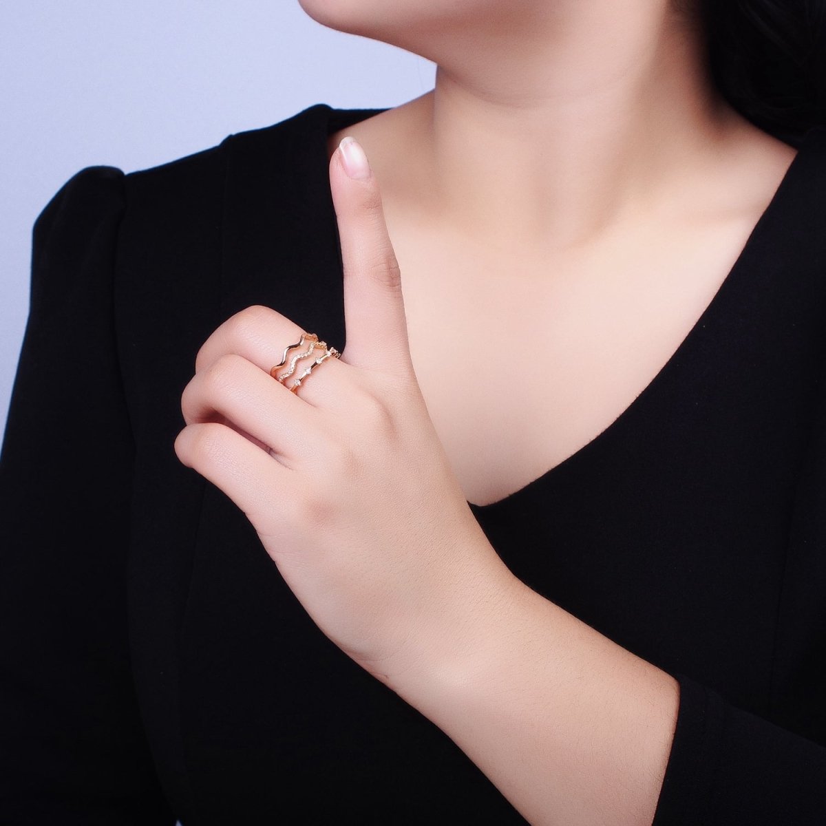 16K Gold Filled Triple Wavy Micro Paved CZ Dotted Band Ring in Gold & Silver | O1795 O1796