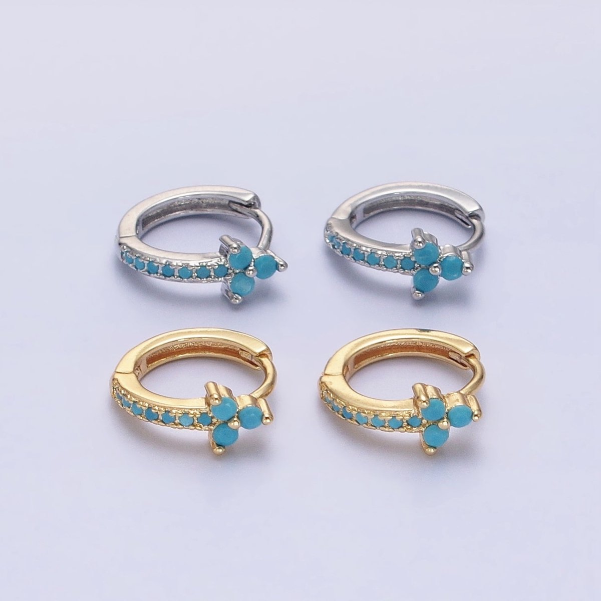 16K Gold Filled Turquoise Lined Arrow Triple Flower 11mm Cartilage Huggie Earrings in Gold & Silver | AB1474 AB1475