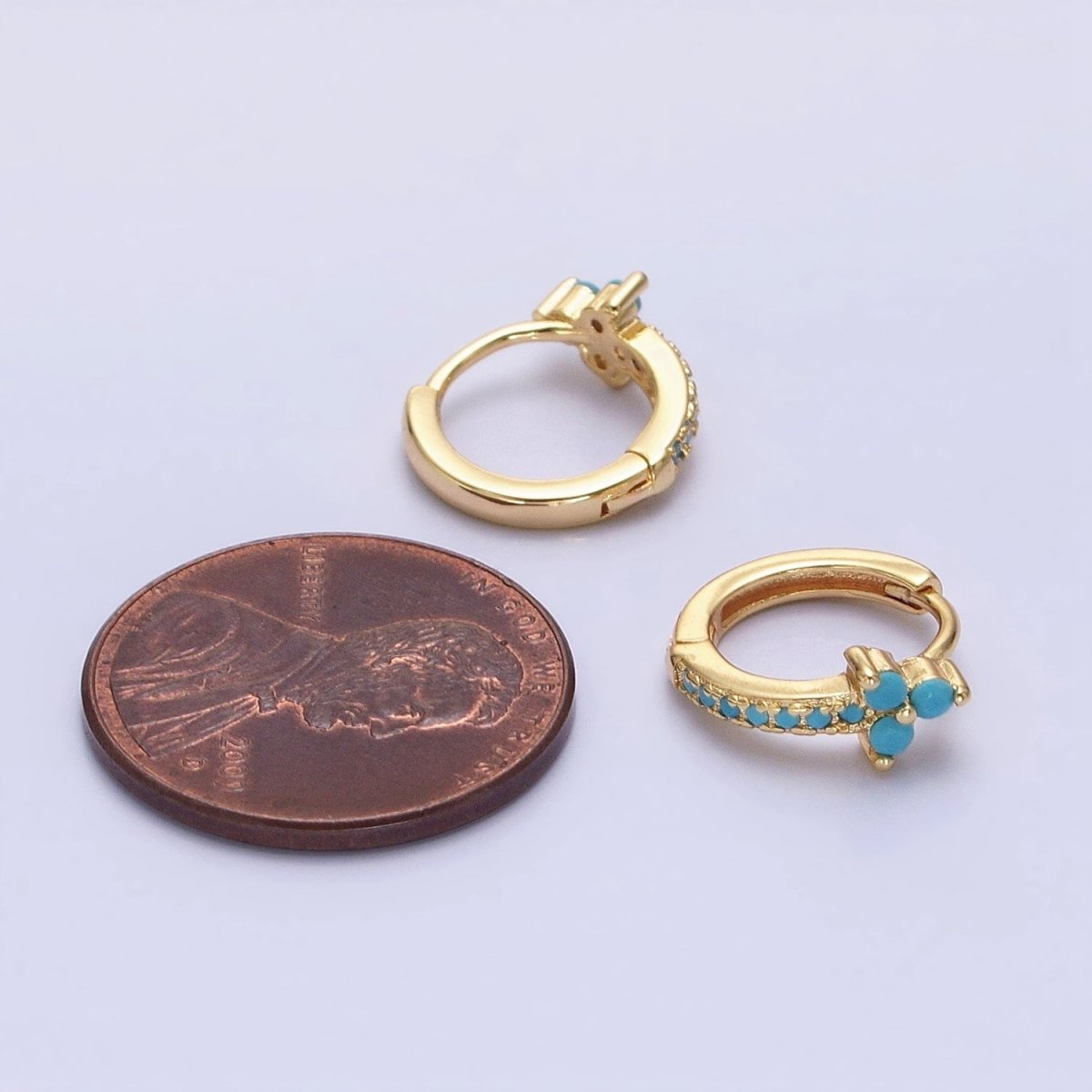 16K Gold Filled Turquoise Lined Arrow Triple Flower 11mm Cartilage Huggie Earrings in Gold & Silver | AB1474 AB1475