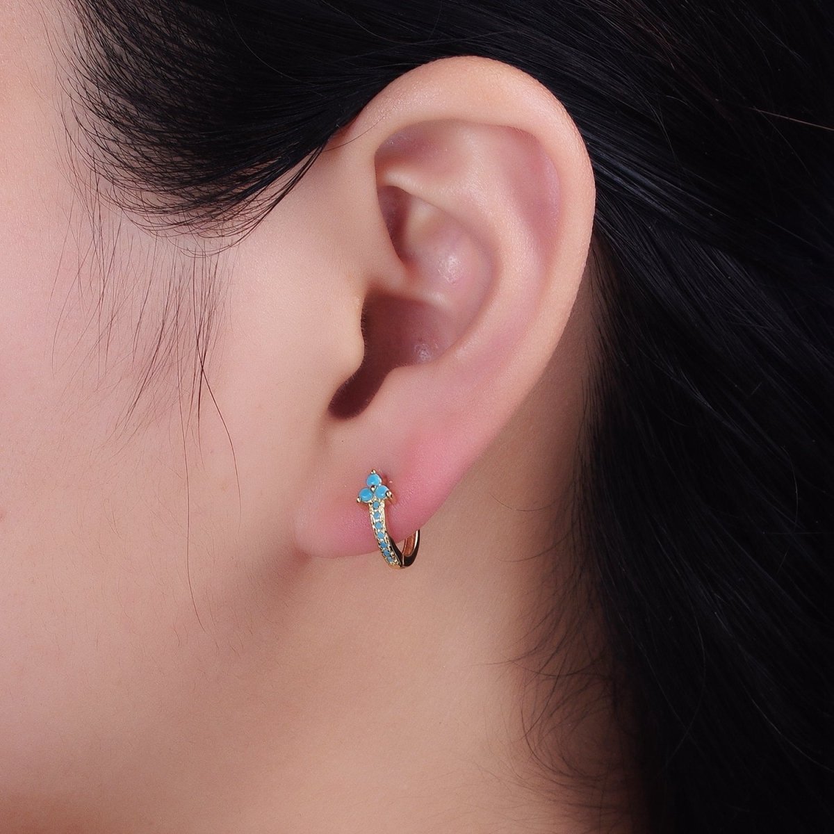 16K Gold Filled Turquoise Lined Arrow Triple Flower 11mm Cartilage Huggie Earrings in Gold & Silver | AB1474 AB1475