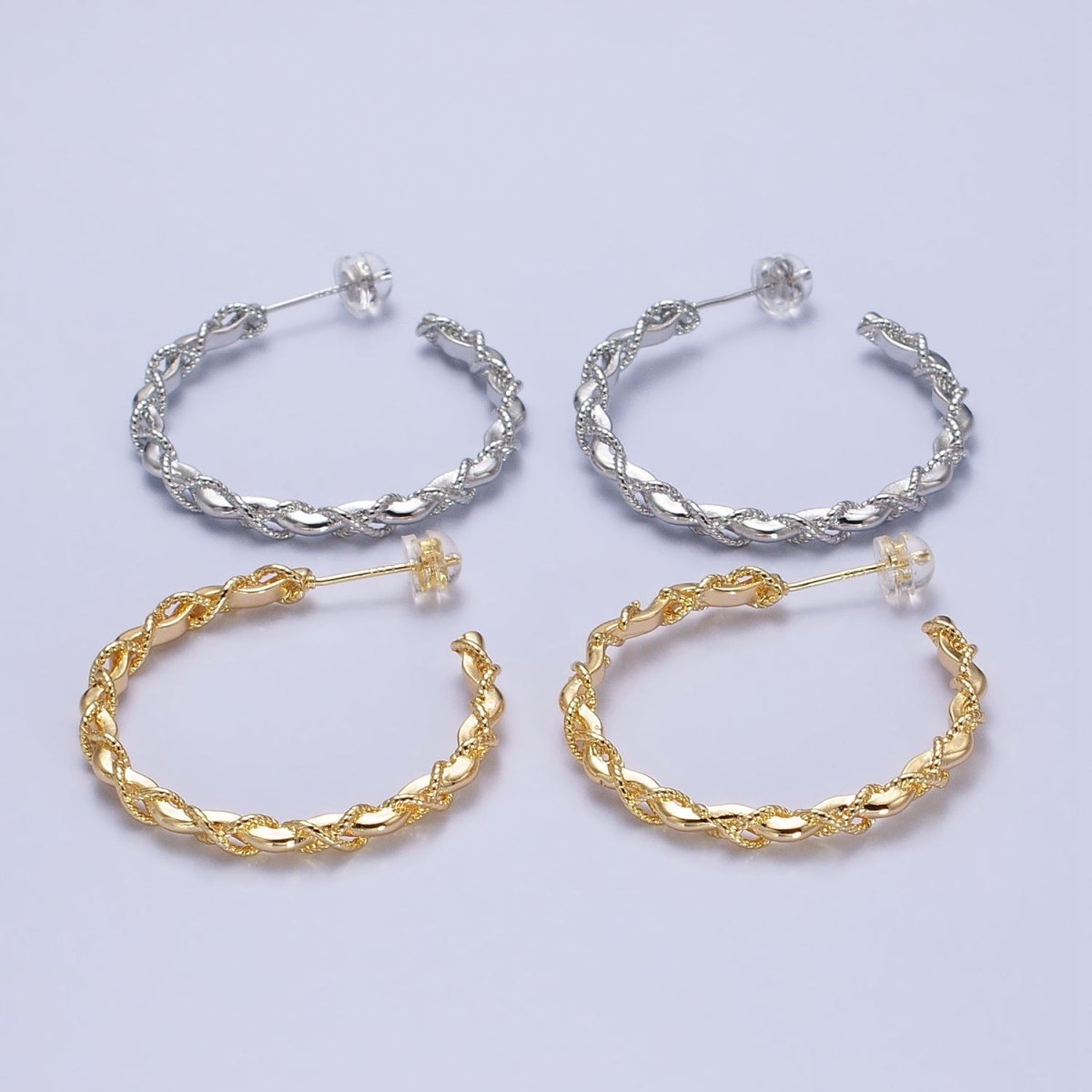 16K Gold Filled Twisted Rope Wavy Geometric C-Shaped Hoops in Gold & Silver | AB735 AB736