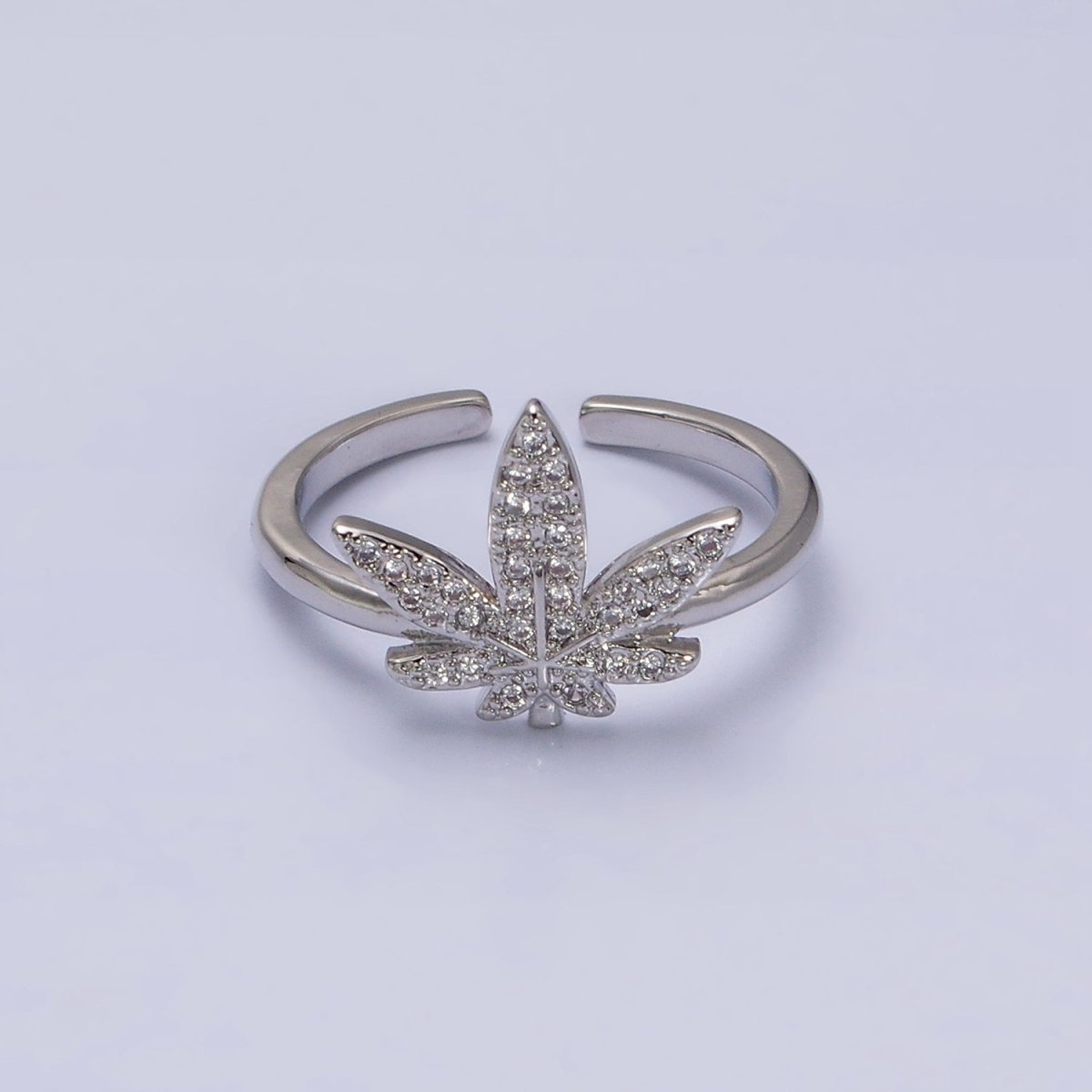 16K Gold Filled Weed Plant Micro Paved CZ Adjustable Ring in Gold & Silver | O-1613 O-1614