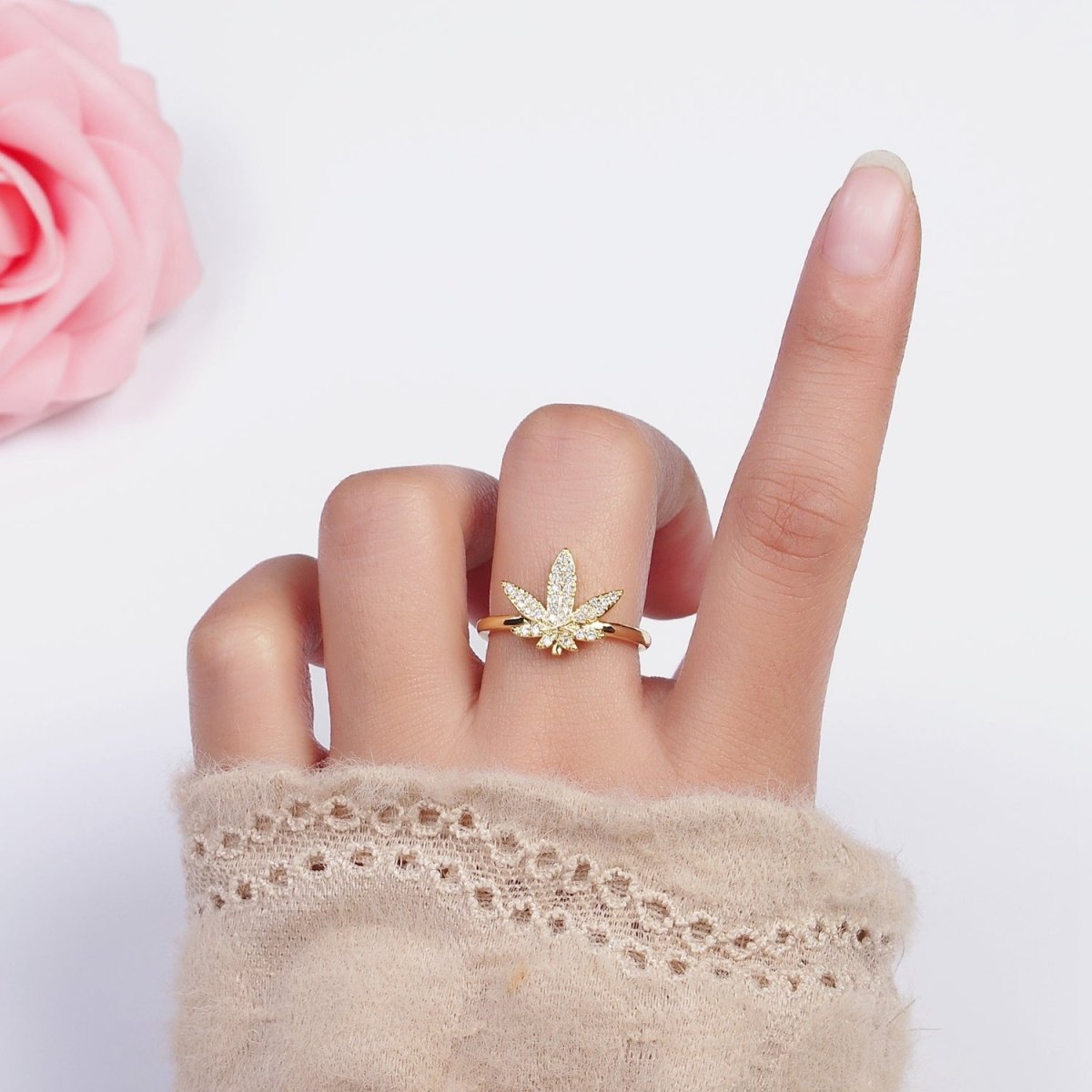 16K Gold Filled Weed Plant Micro Paved CZ Adjustable Ring in Gold & Silver | O-1613 O-1614
