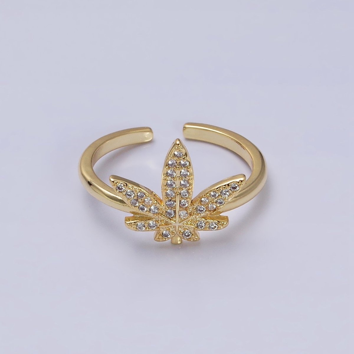 16K Gold Filled Weed Plant Micro Paved CZ Adjustable Ring in Gold & Silver | O-1613 O-1614