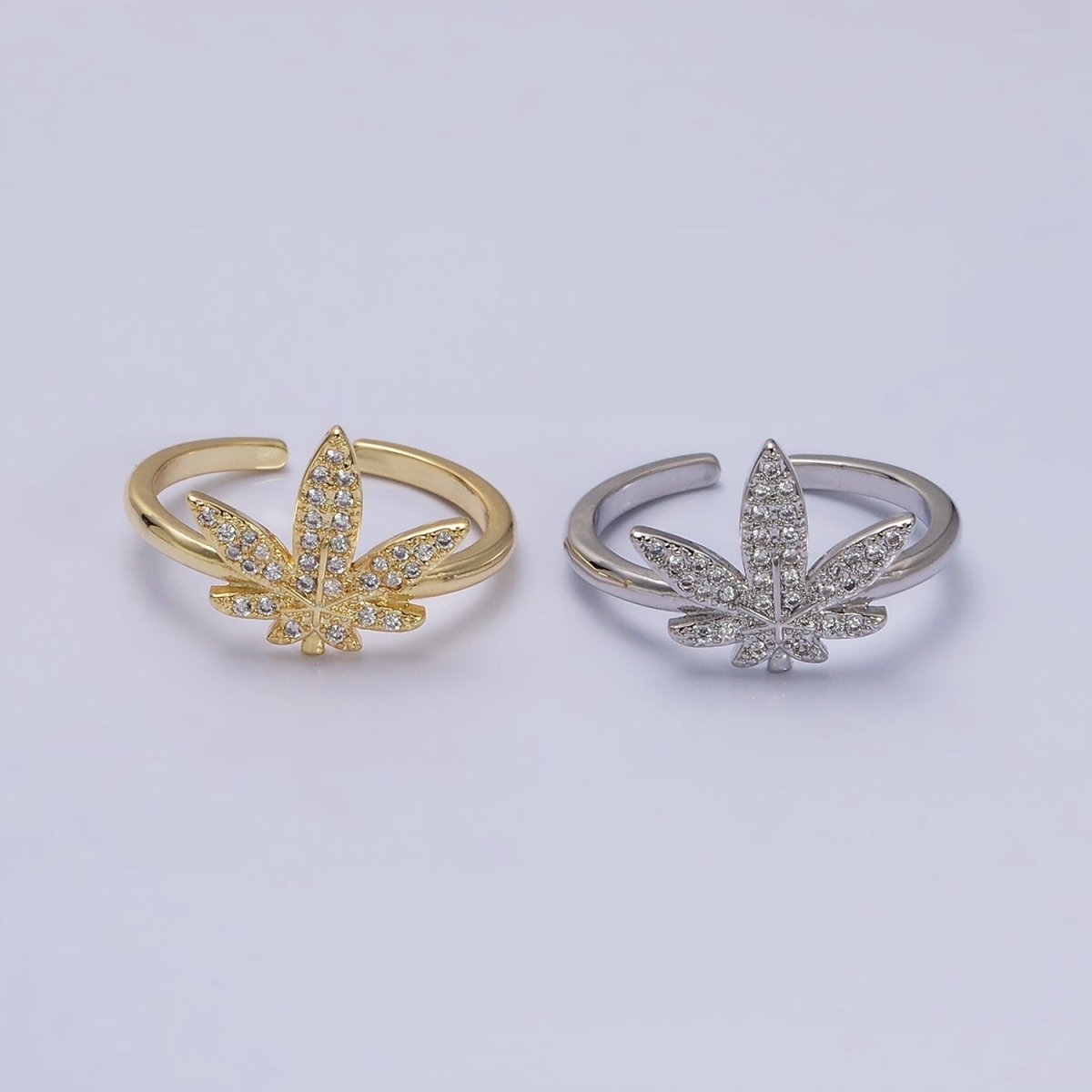 16K Gold Filled Weed Plant Micro Paved CZ Adjustable Ring in Gold & Silver | O-1613 O-1614