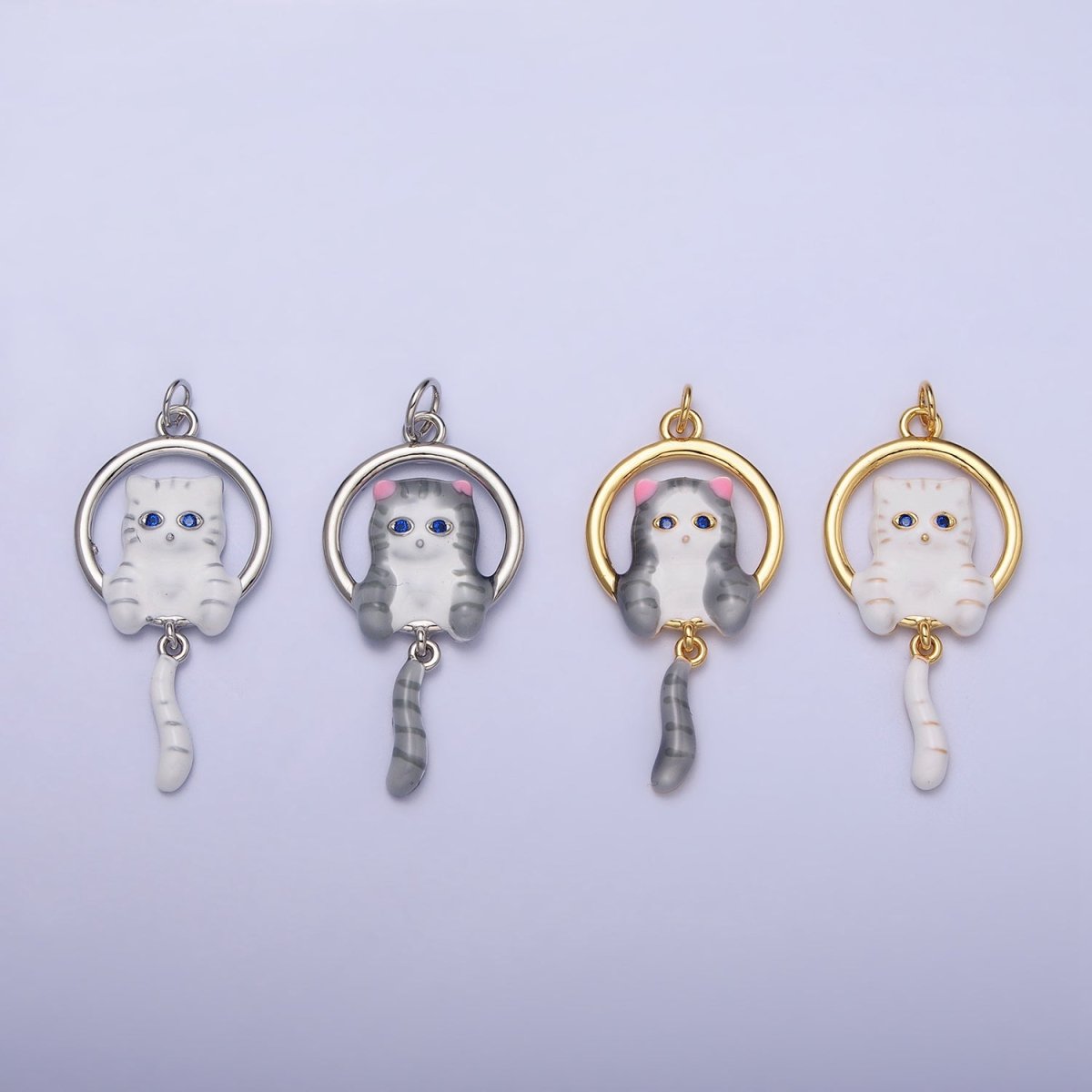 16K Gold Filled White, Grey Striped Kitty Cat Tail Dangle Round Open Animal Pet Charm in Gold & Silver | AC1276 - AC1279