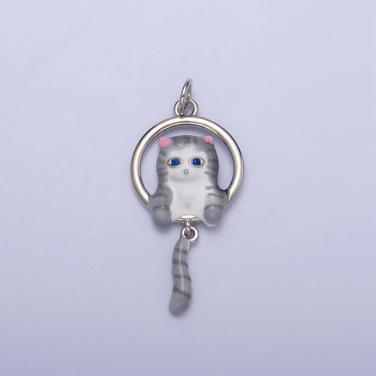 16K Gold Filled White, Grey Striped Kitty Cat Tail Dangle Round Open Animal Pet Charm in Gold & Silver | AC1276 - AC1279