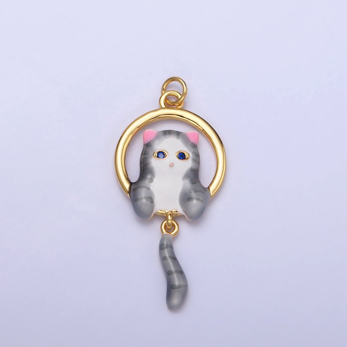 16K Gold Filled White, Grey Striped Kitty Cat Tail Dangle Round Open Animal Pet Charm in Gold & Silver | AC1276 - AC1279