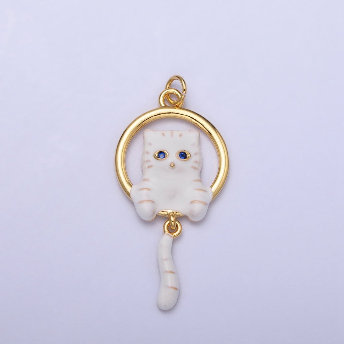16K Gold Filled White, Grey Striped Kitty Cat Tail Dangle Round Open Animal Pet Charm in Gold & Silver | AC1276 - AC1279